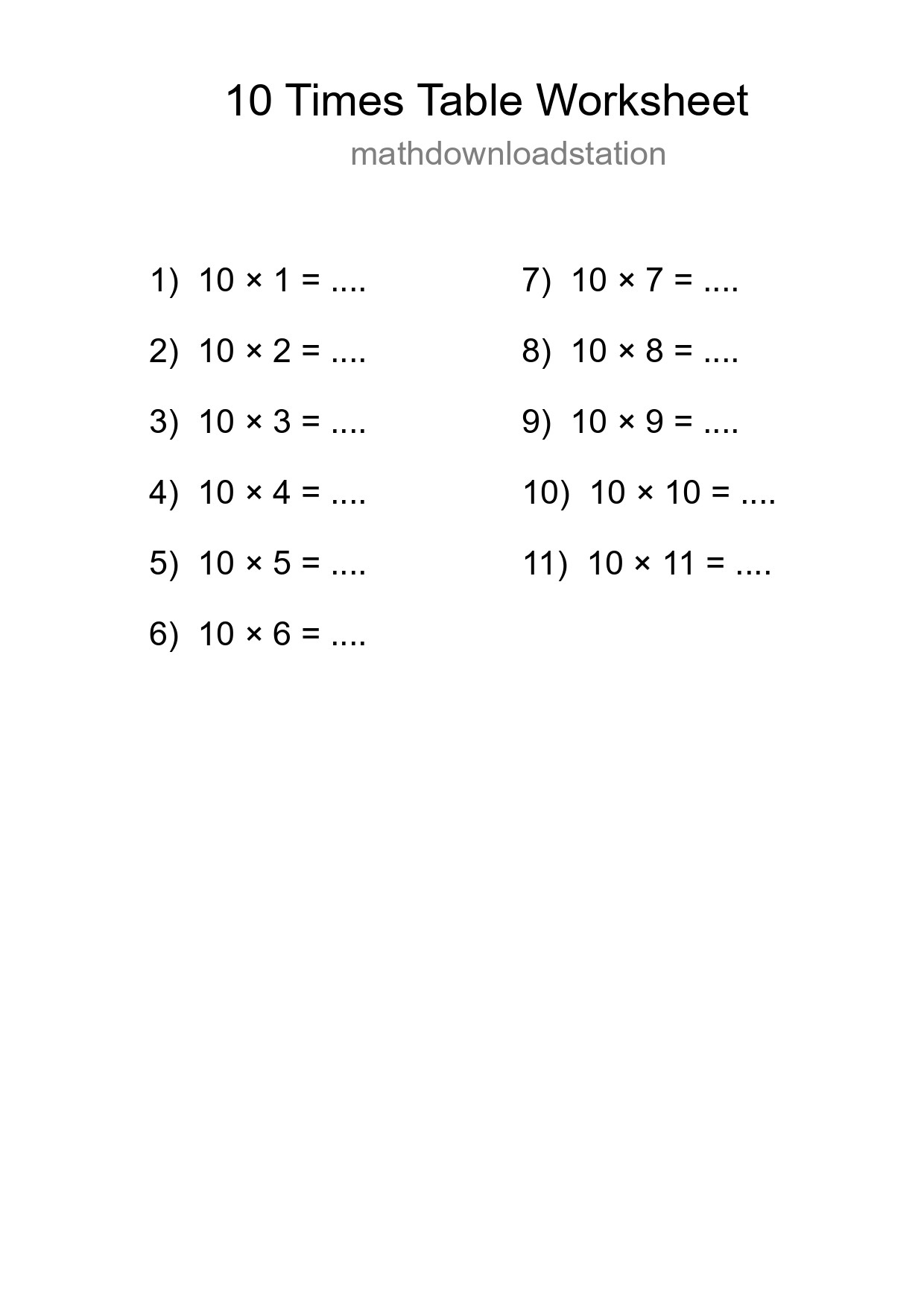 10 Times Table Worksheet For Grade 3 - Part 240