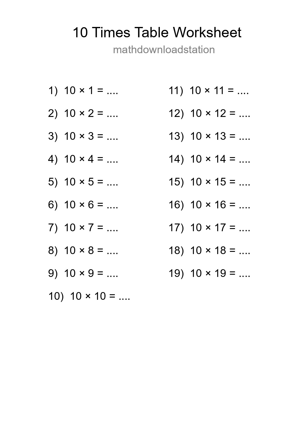 10 Times Table Worksheet For Grade 3 With Answers - Part 251