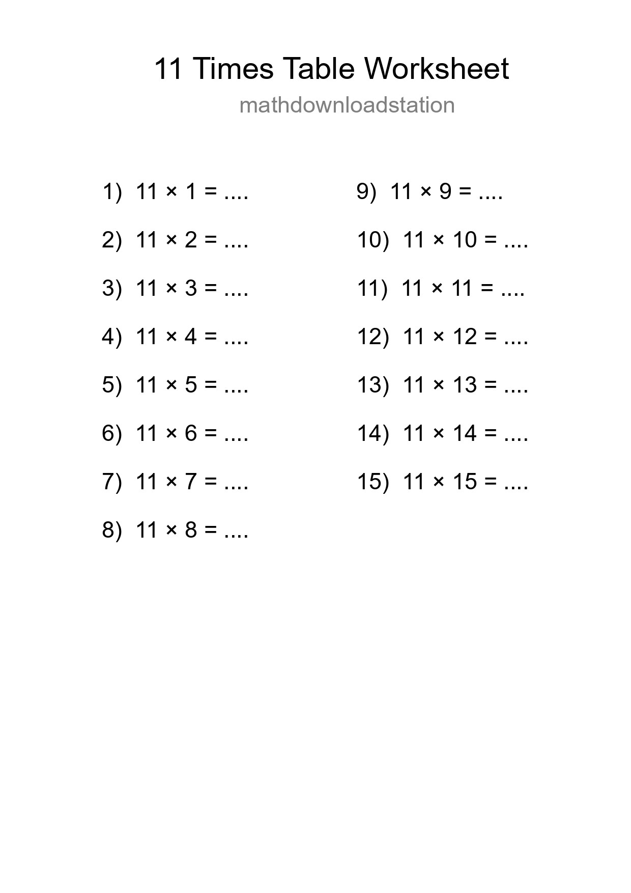 11 Times Table Worksheet For Grade 4 With Answers - Part 9