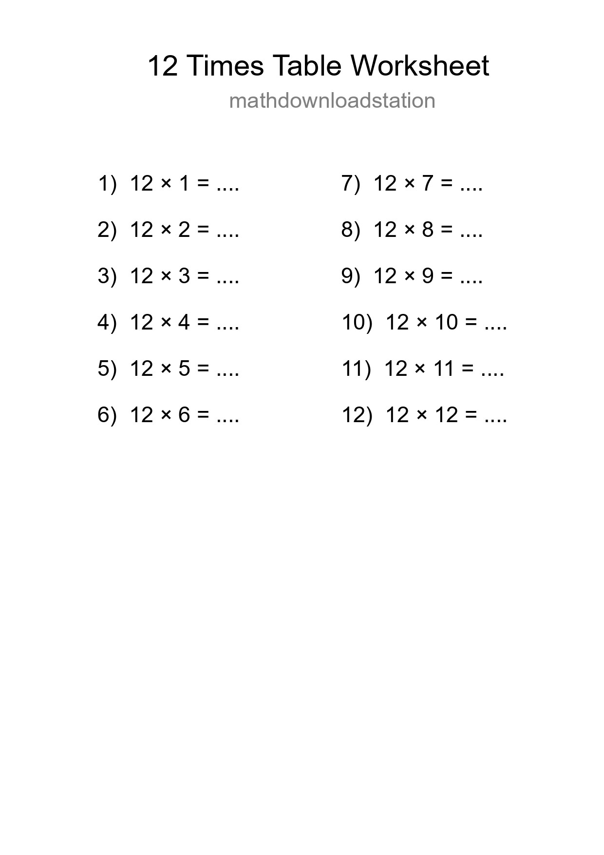 12 Times Table Worksheet For Grade 4 With Answers - Part 20