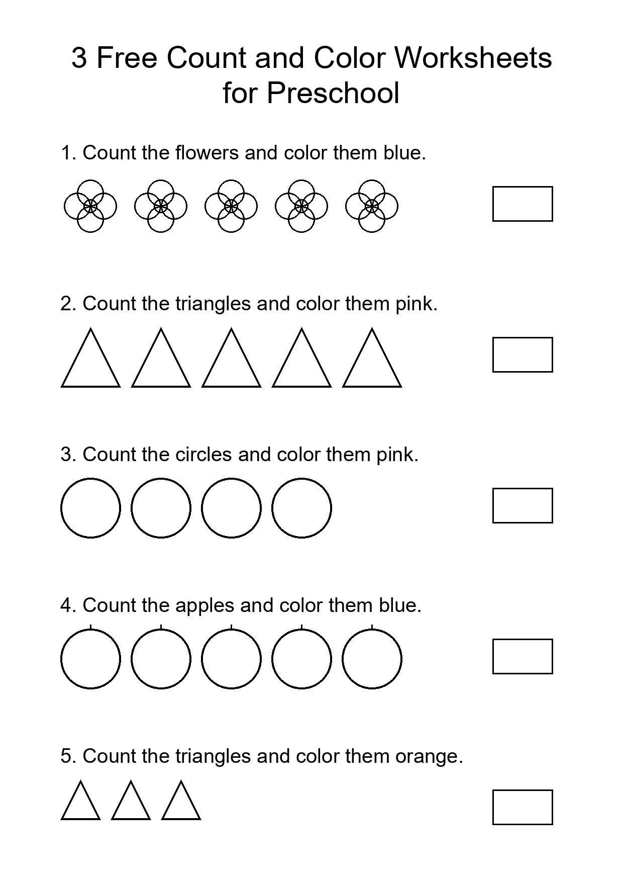 3 Free Count and Color Worksheets for Preschool