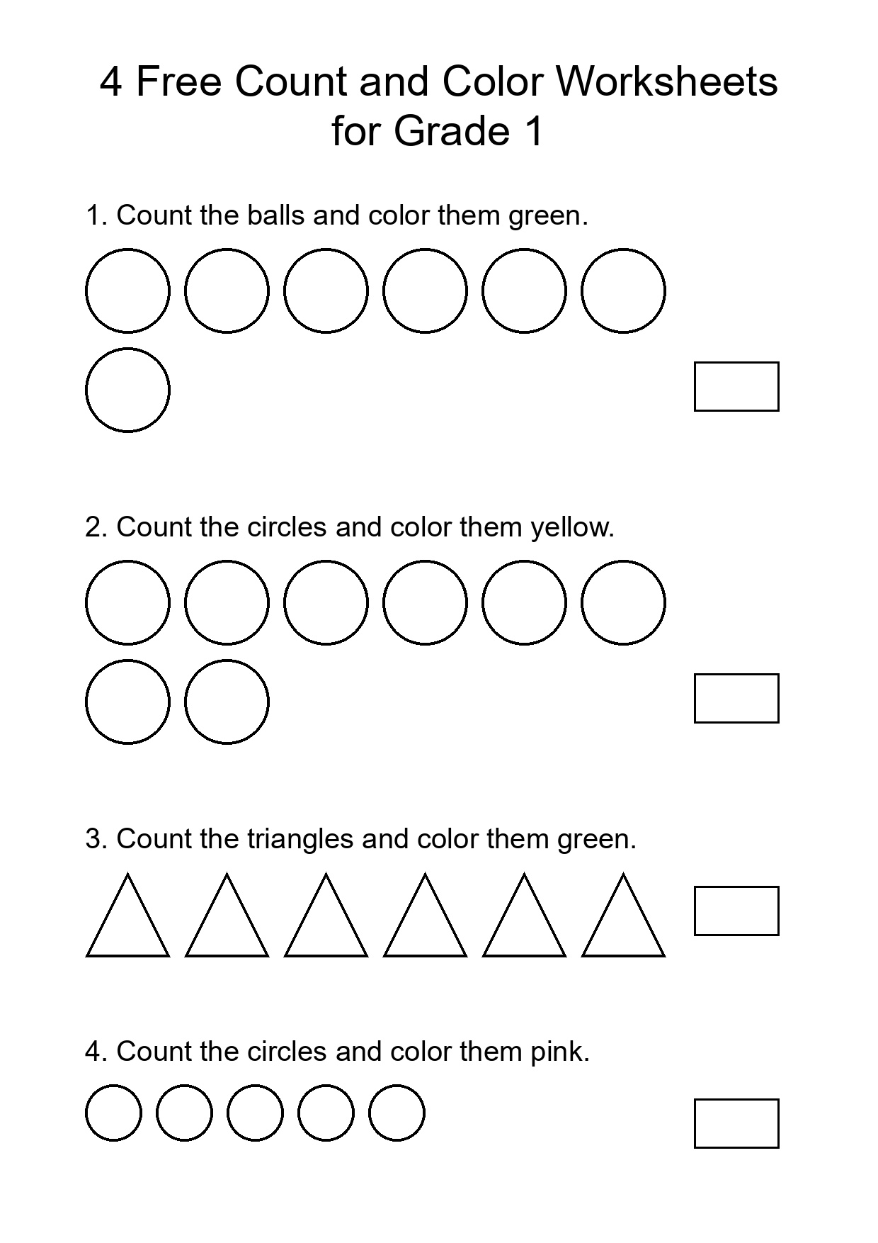 4 Free Count and Color Worksheets for Grade 1