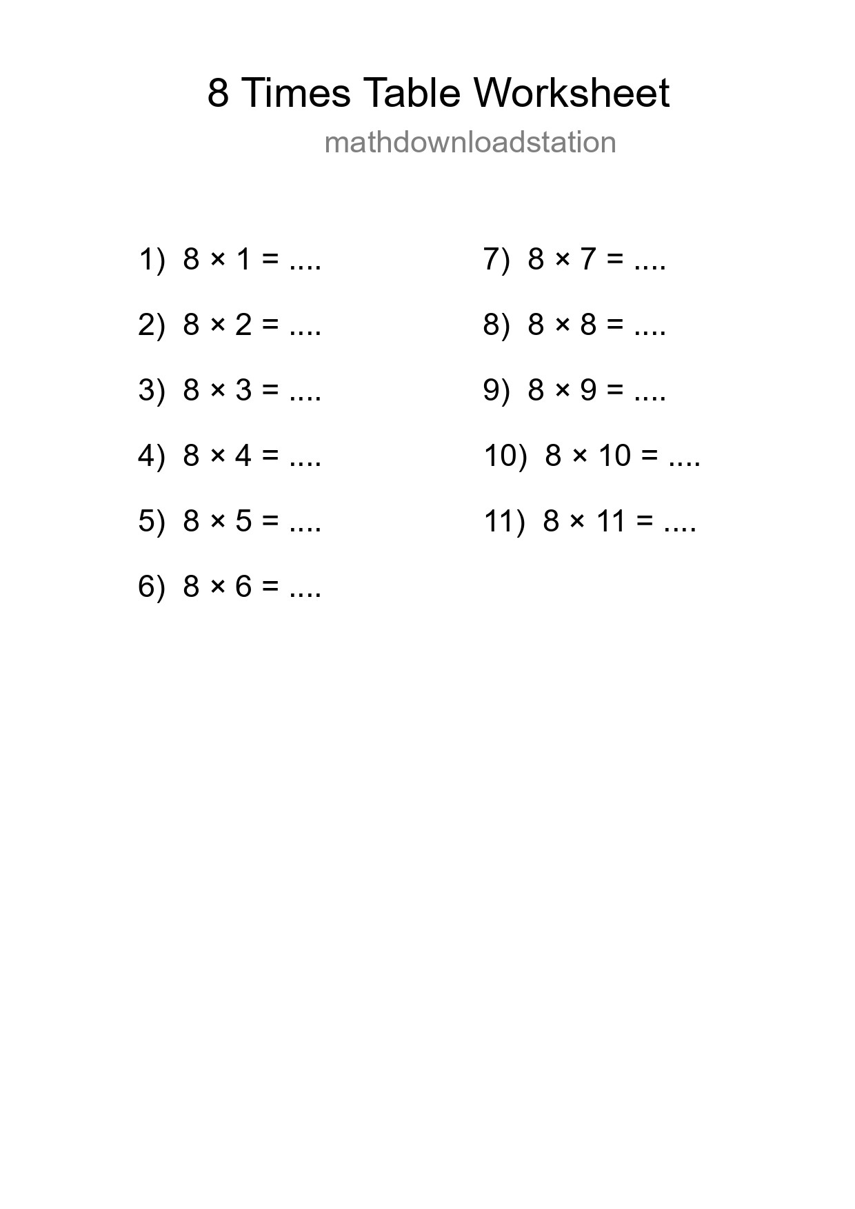 8 Times Table Worksheet For Grade 3 - Part 97