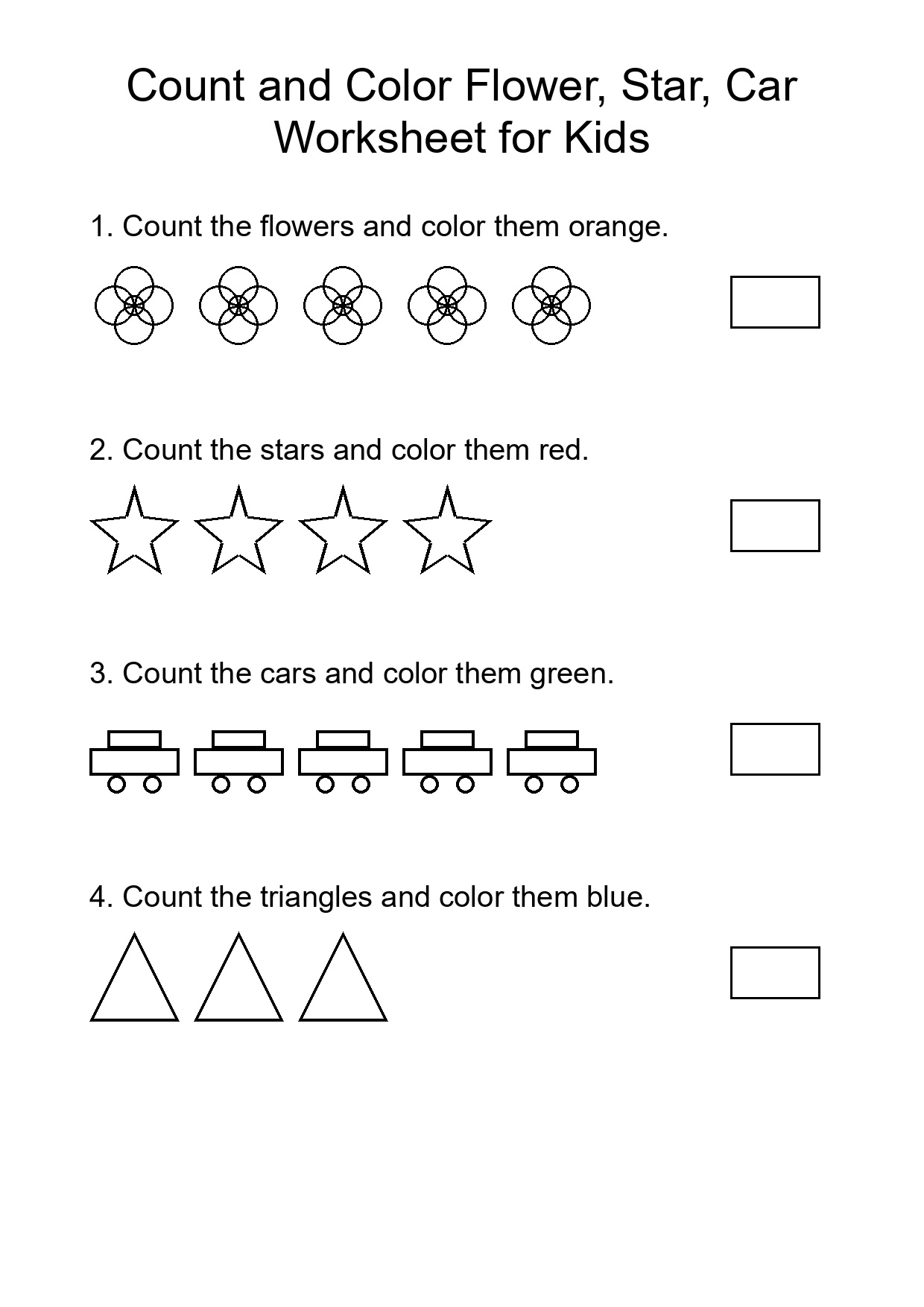 Count and Color Flower, Star, Car Worksheet for Kids