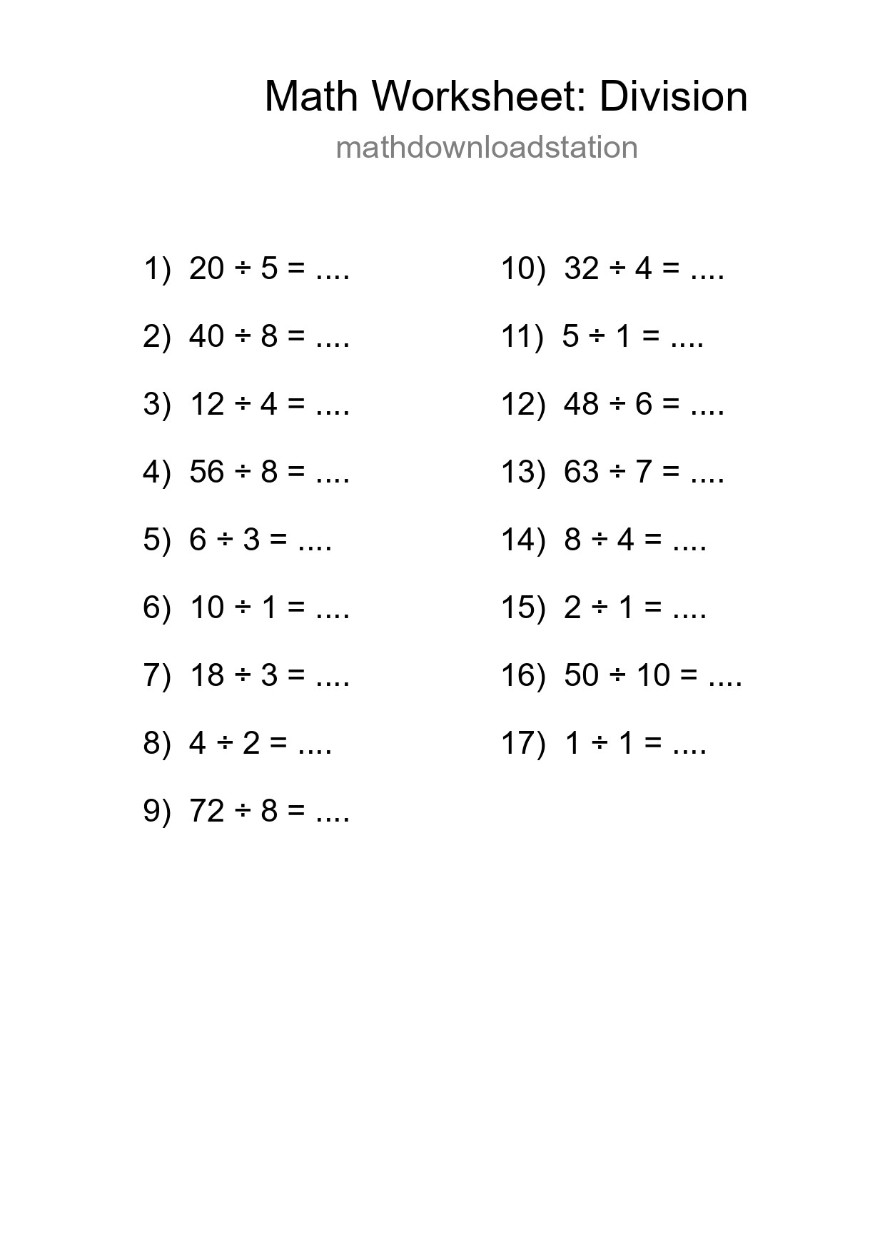 Free 17 Division Math Worksheet For Grade 1 With Answers - Part 59