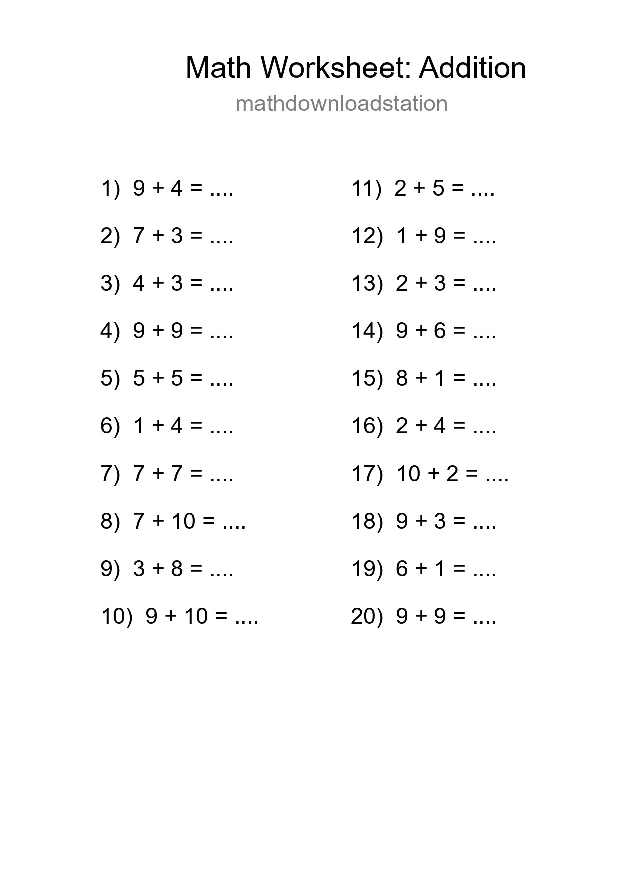 Free 20 Addition Math Worksheet For Grade 1