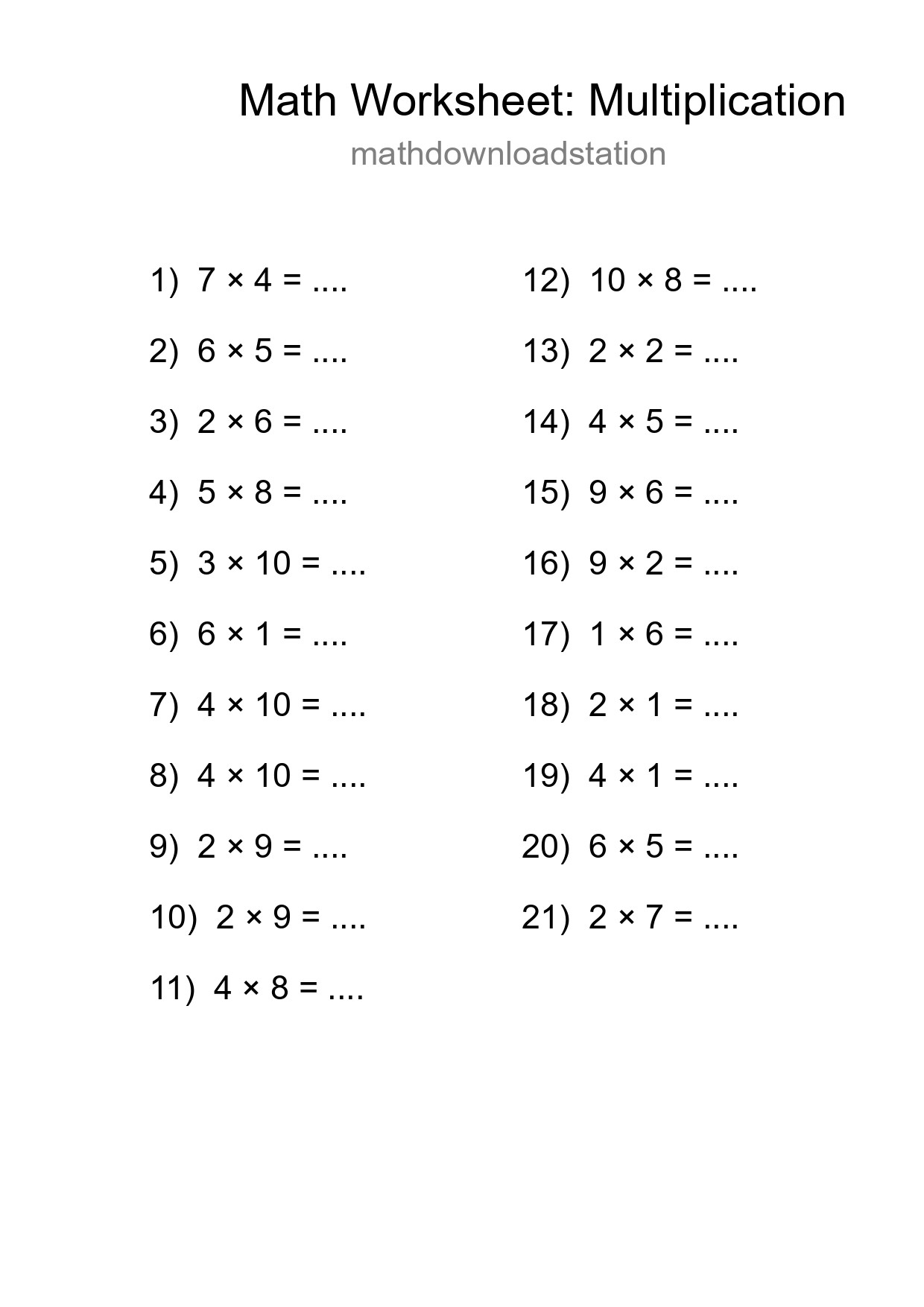 Free 21 Multiplication Math Worksheet For Grade 1 With Answers - Part 29