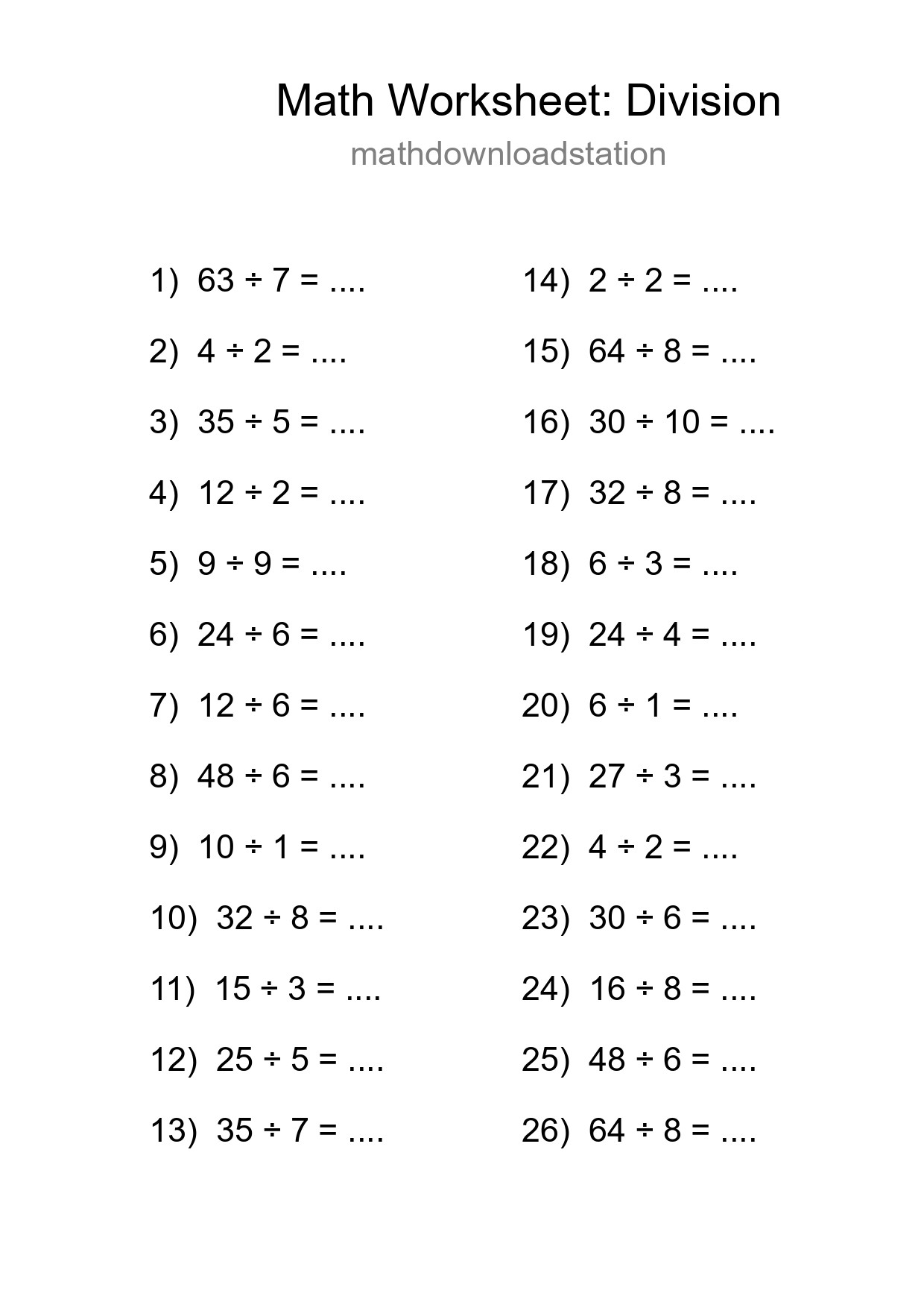 Free 26 Division Math Worksheet For Grade 1 With Answers - Part 202