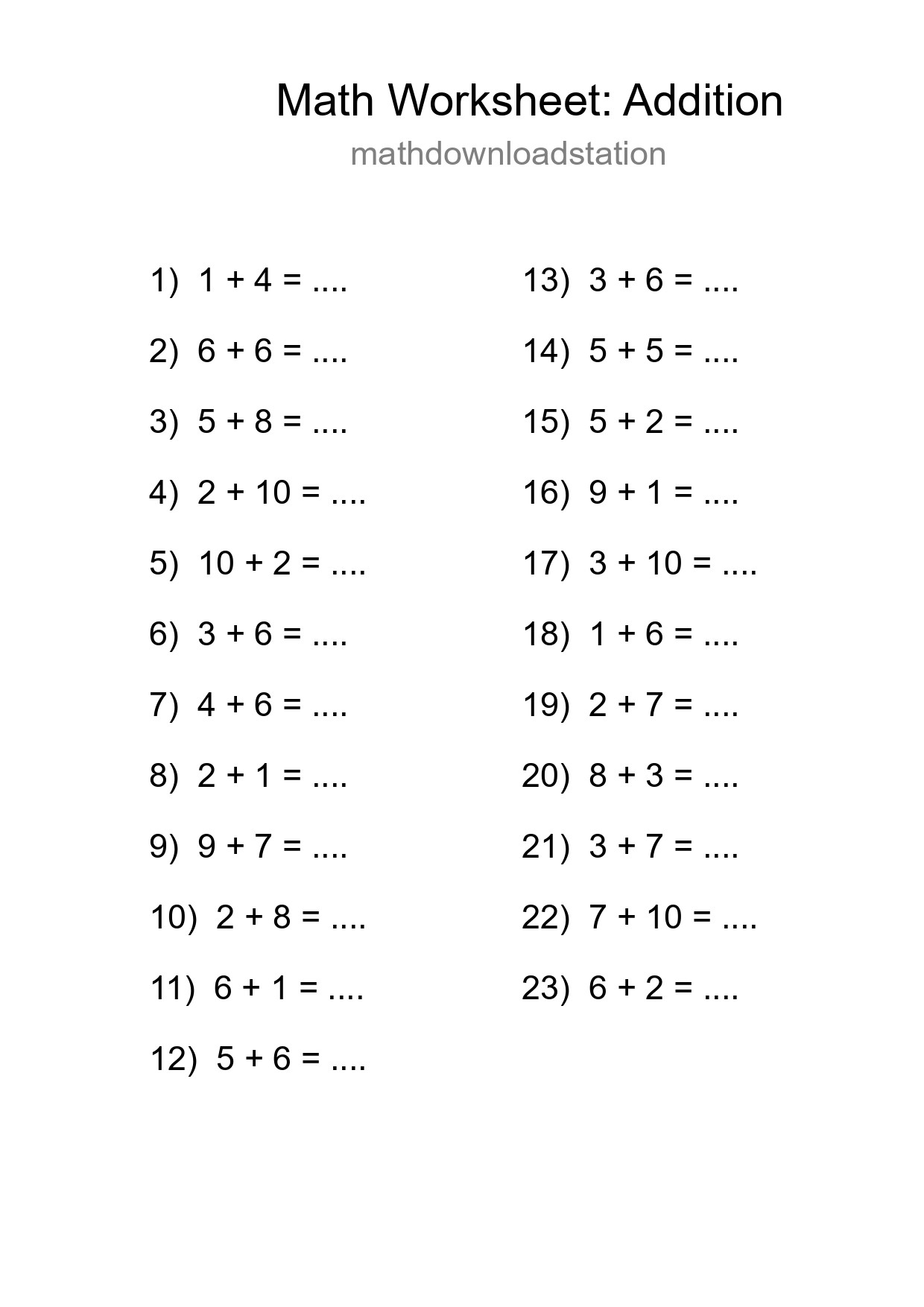 Grade 1 Addition Practice Worksheet (23 Problems) - Part 111