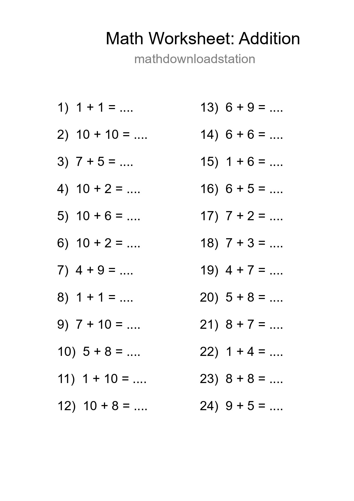 Grade 1 Addition Practice Worksheet (24 Problems) - Part 287
