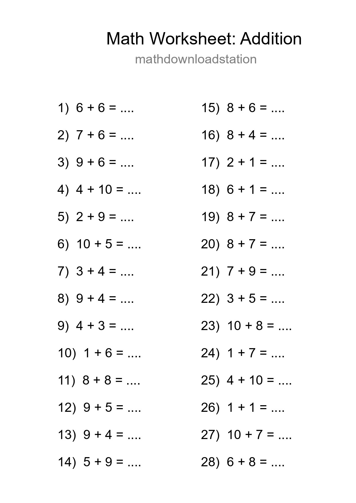 Grade 1 Addition Practice Worksheet (28 Problems) - Part 12
