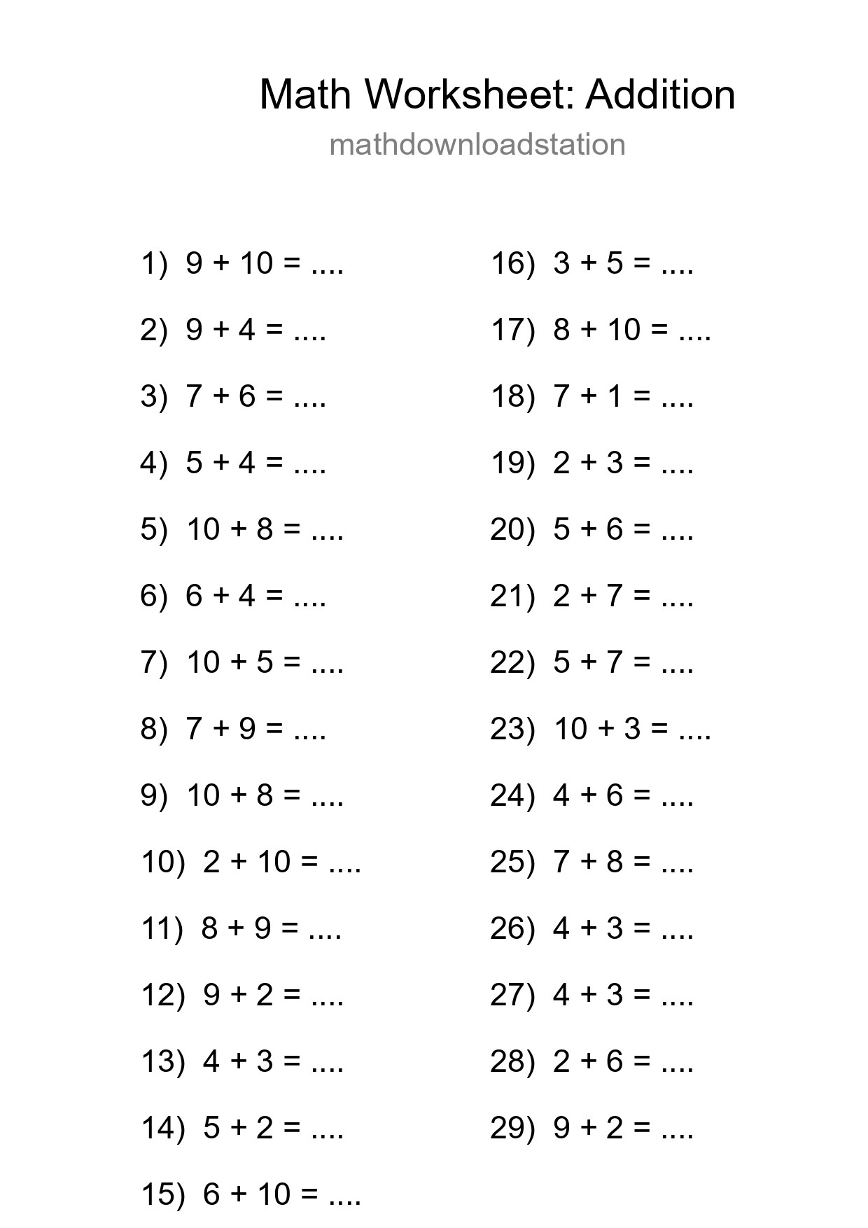 Grade 1 Addition Practice Worksheet (29 Problems) - Part 232