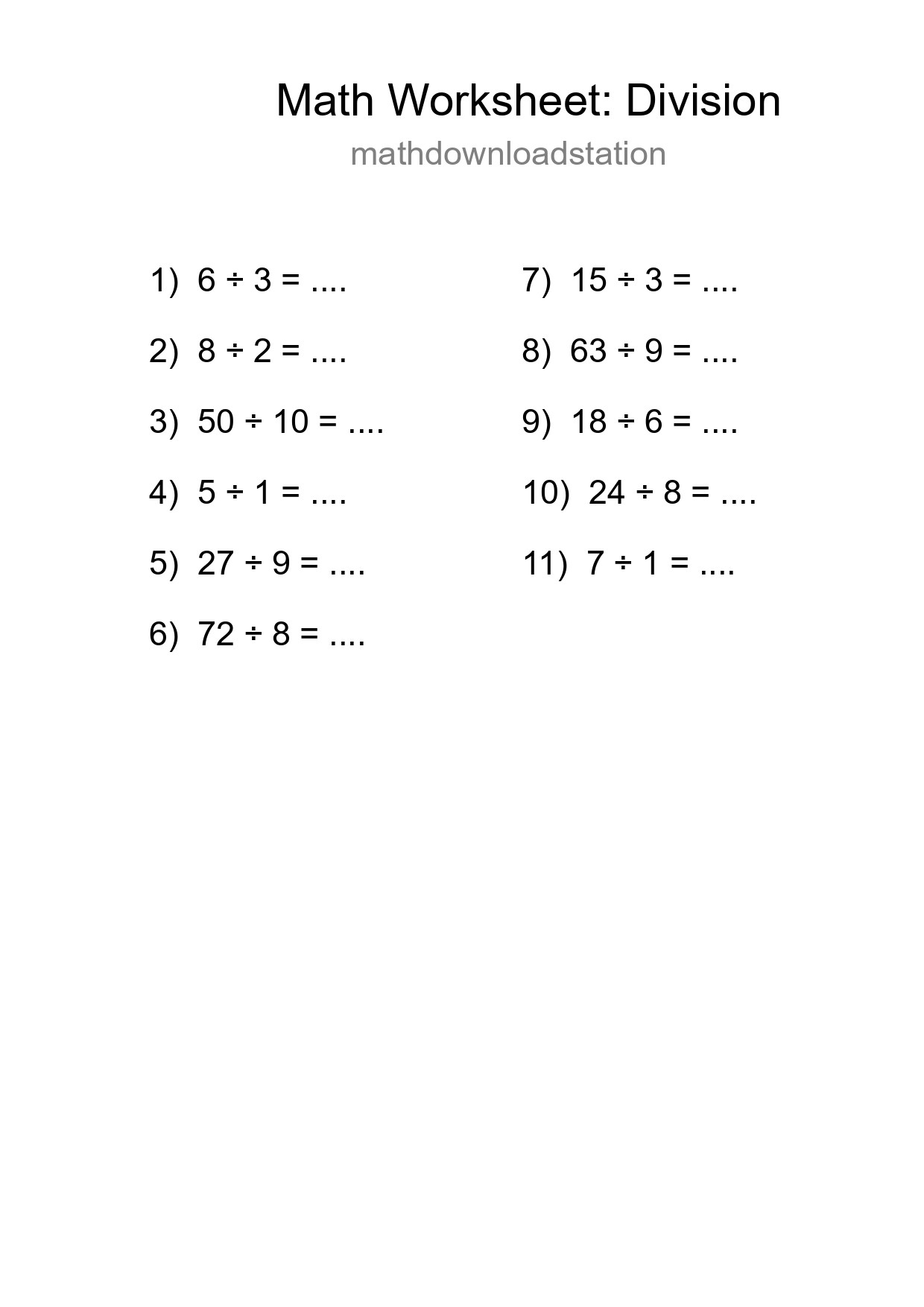 Grade 1 Division Practice Worksheet (11 Problems) - Part 125