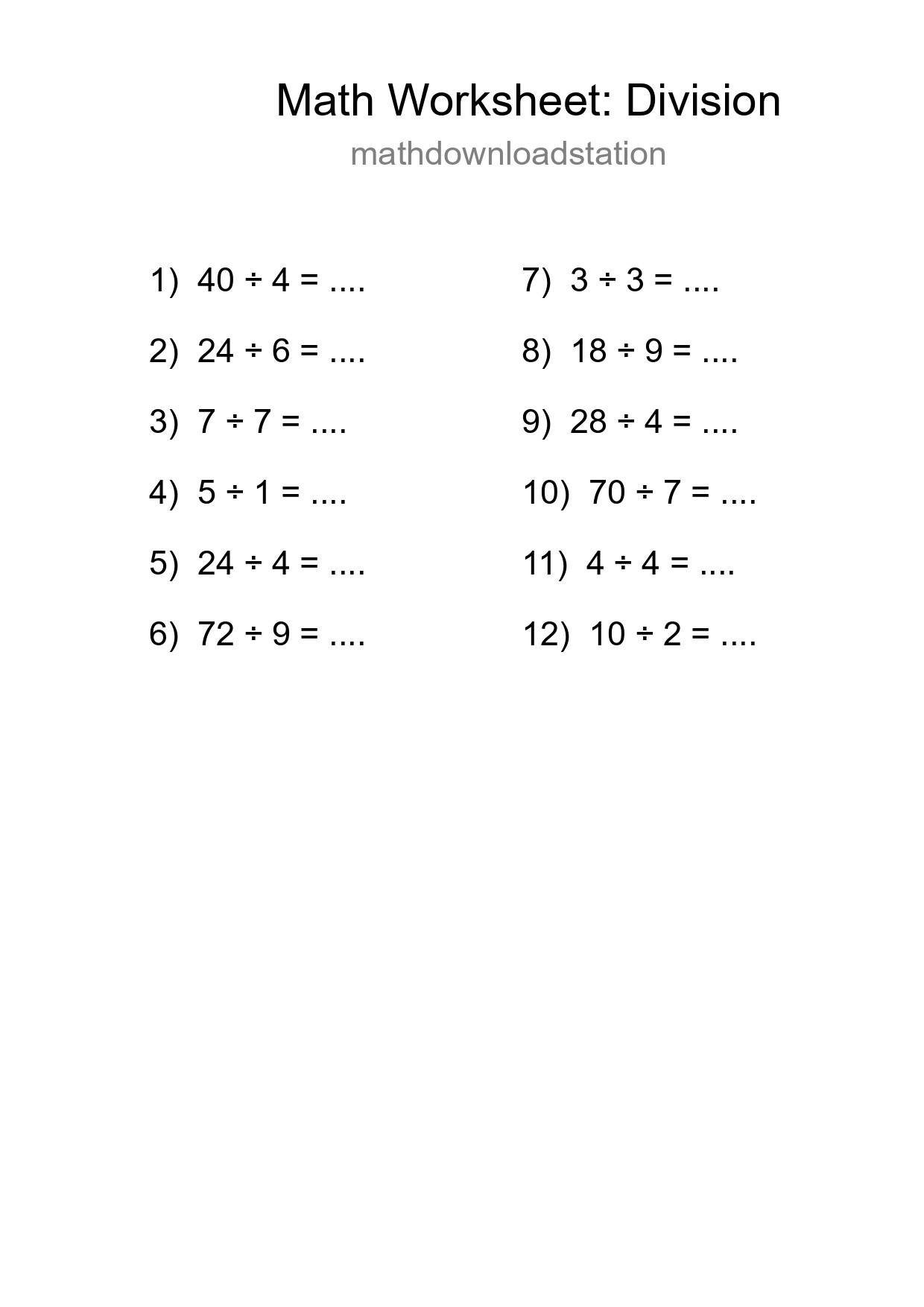 Grade 1 Division Practice Worksheet (12 Problems) - Part 180