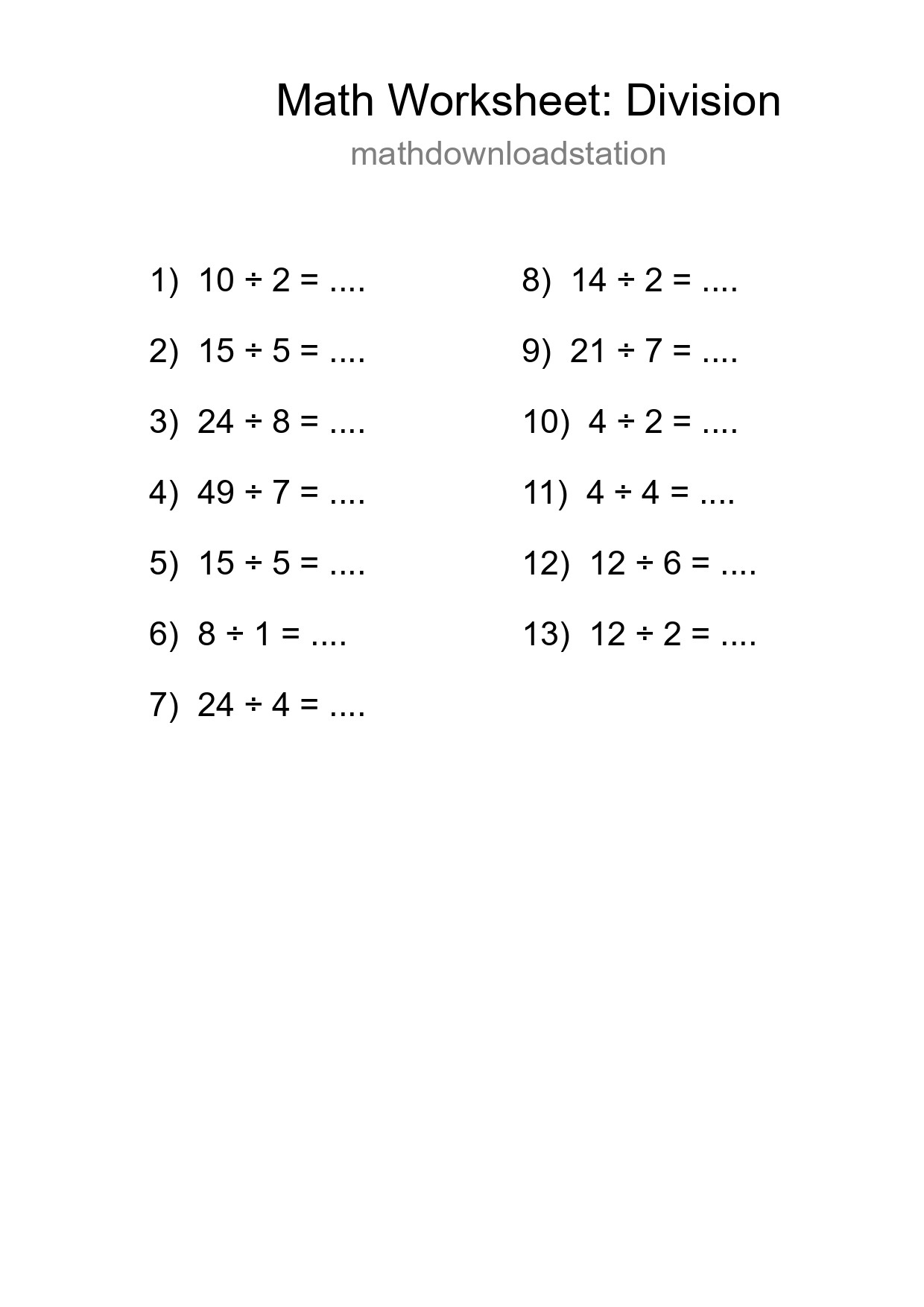 Grade 1 Division Practice Worksheet (13 Problems) - Part 235