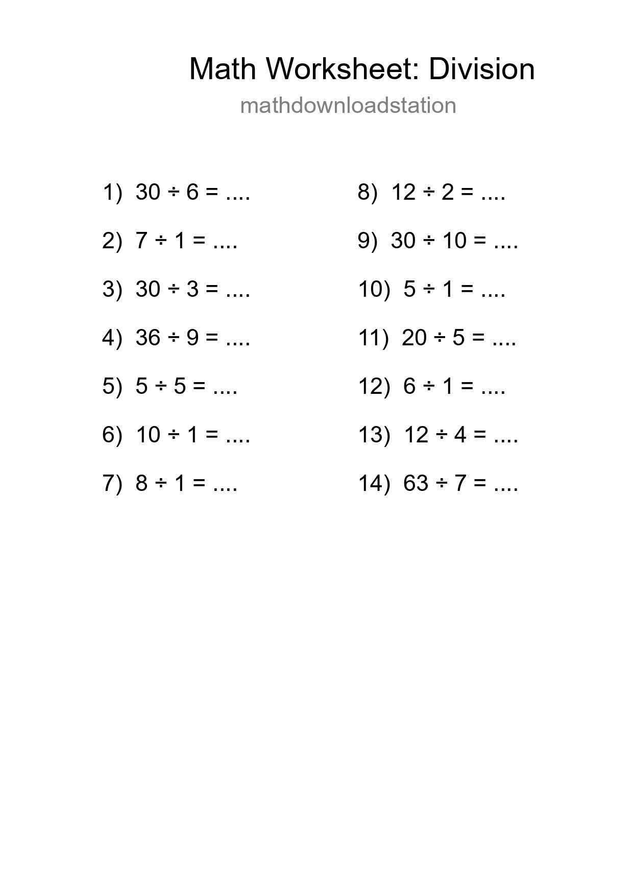 Grade 1 Division Practice Worksheet (14 Problems) - Part 26