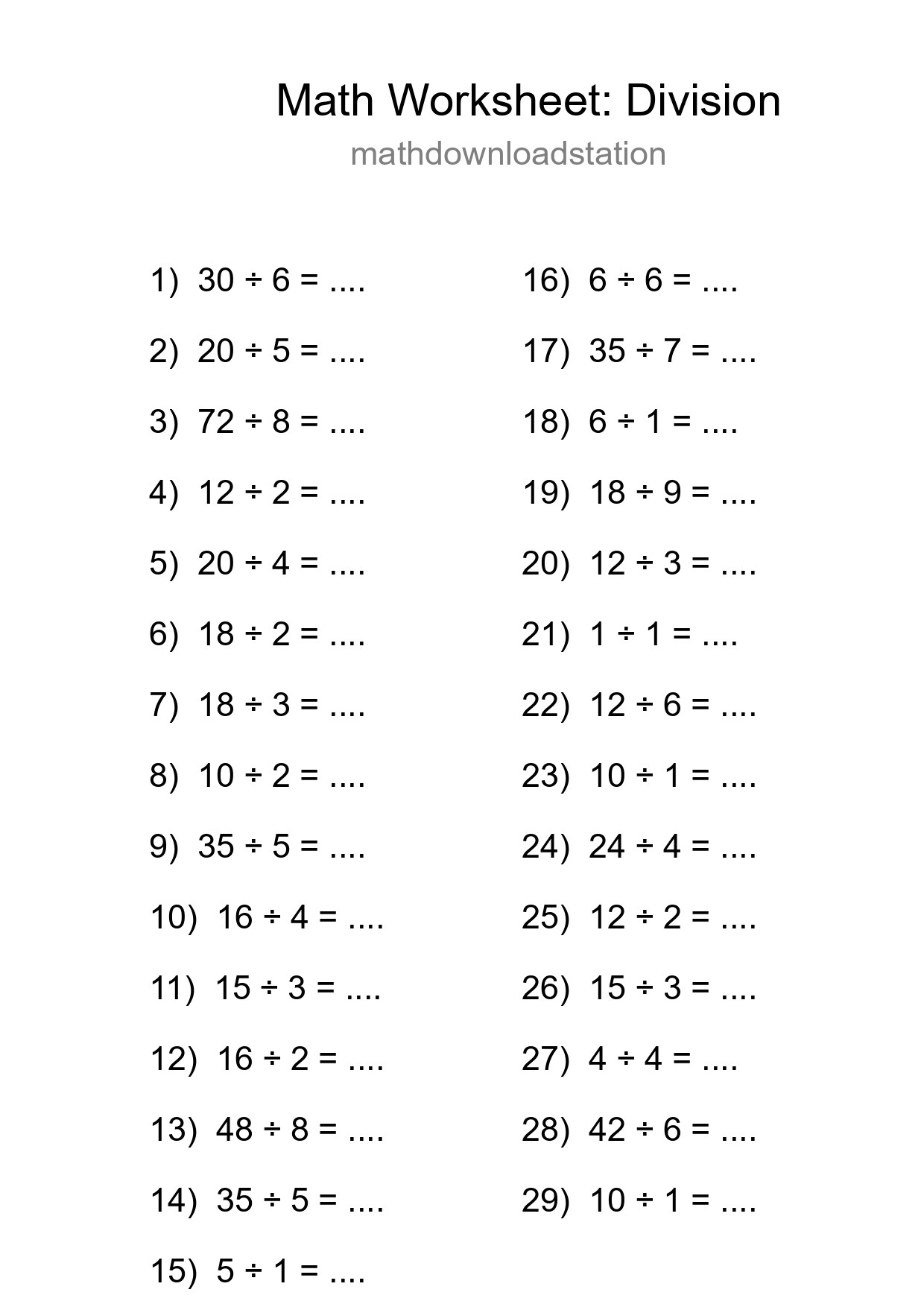 Grade 1 Division Practice Worksheet (29 Problems) - Part 114