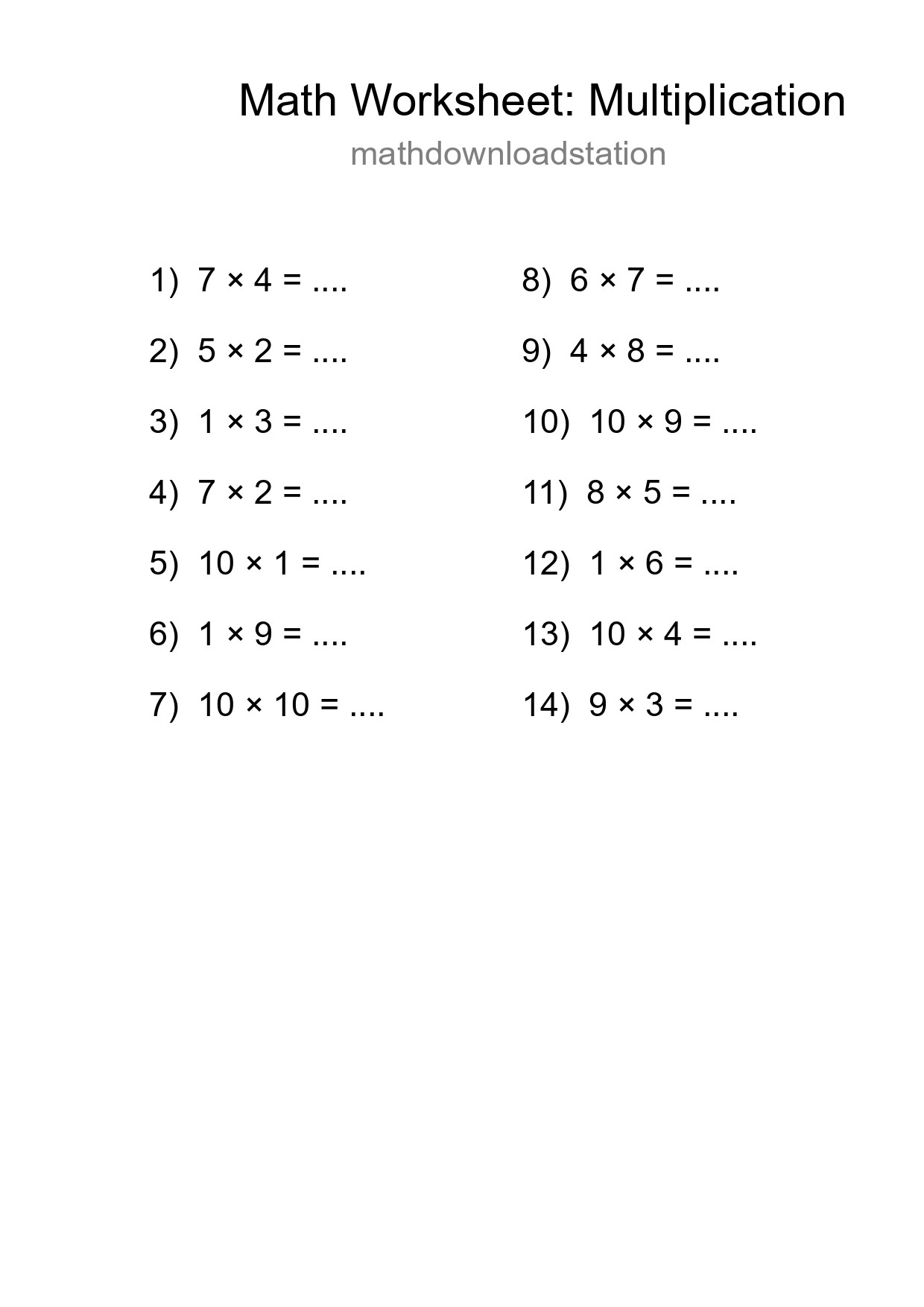 Grade 1 Multiplication Practice Worksheet (14 Problems) - Part 51
