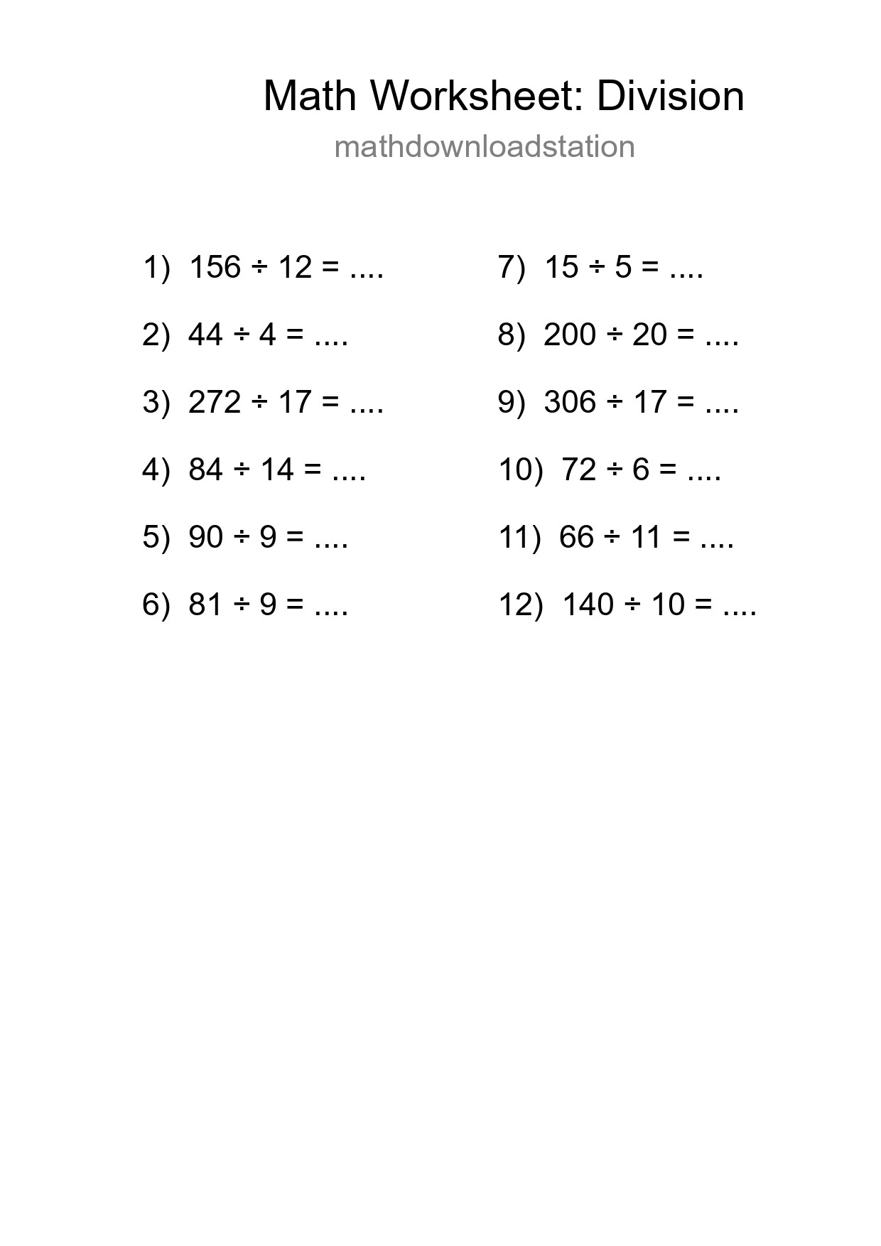 Grade 2 Division Practice Worksheet (12 Problems) - Part 103