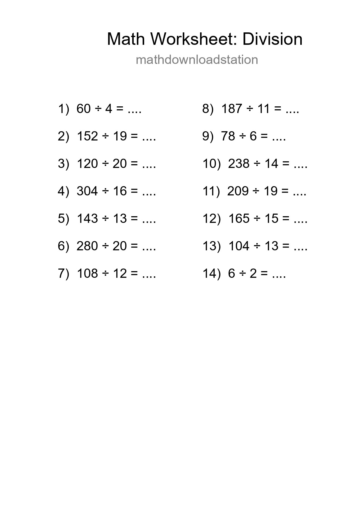 Grade 2 Division Practice Worksheet (14 Problems) - Part 70