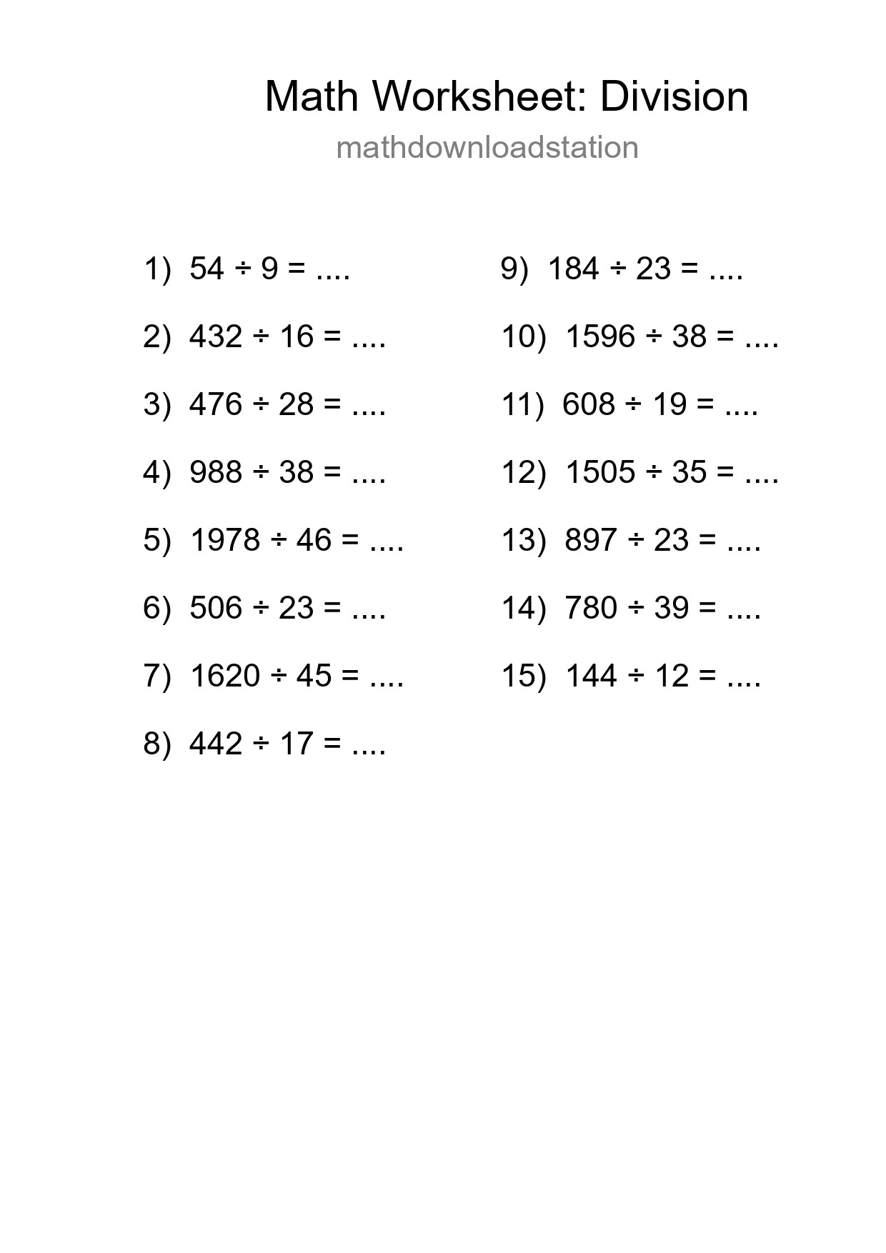 Grade 2 Division Practice Worksheet (15 Problems) - Part 92