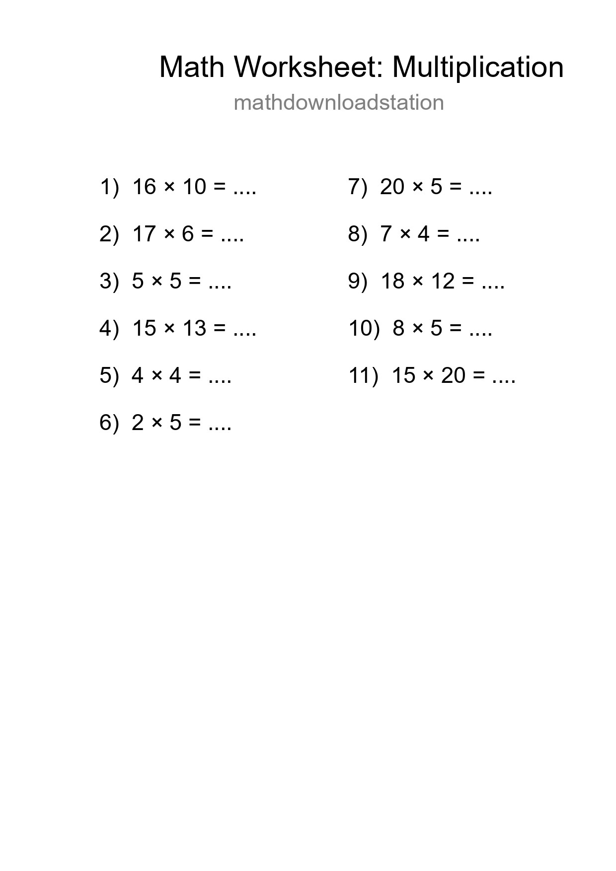 Grade 2 Multiplication Practice Worksheet (11 Problems) - Part 183