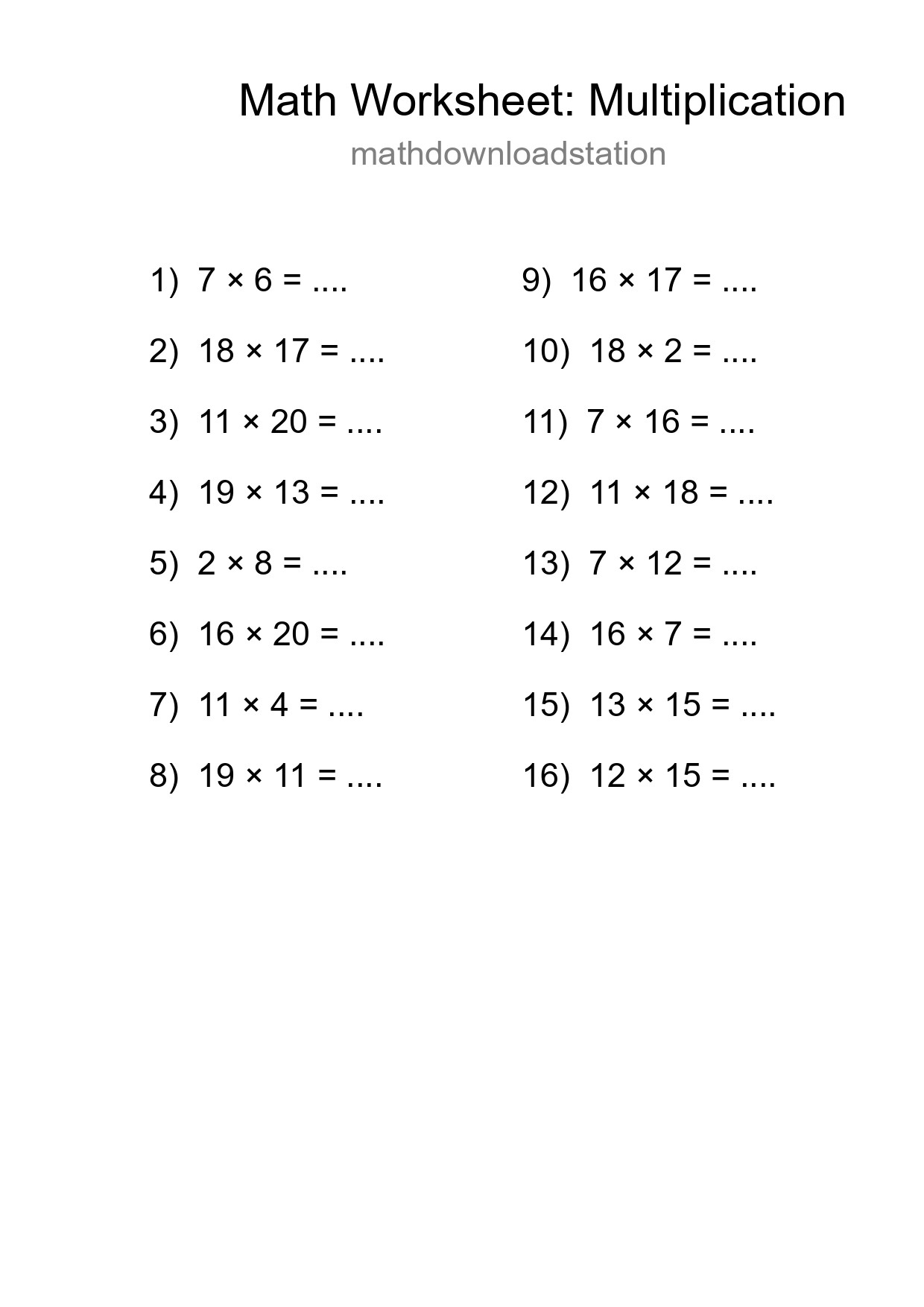 Grade 2 Multiplication Practice Worksheet (16 Problems) - Part 260