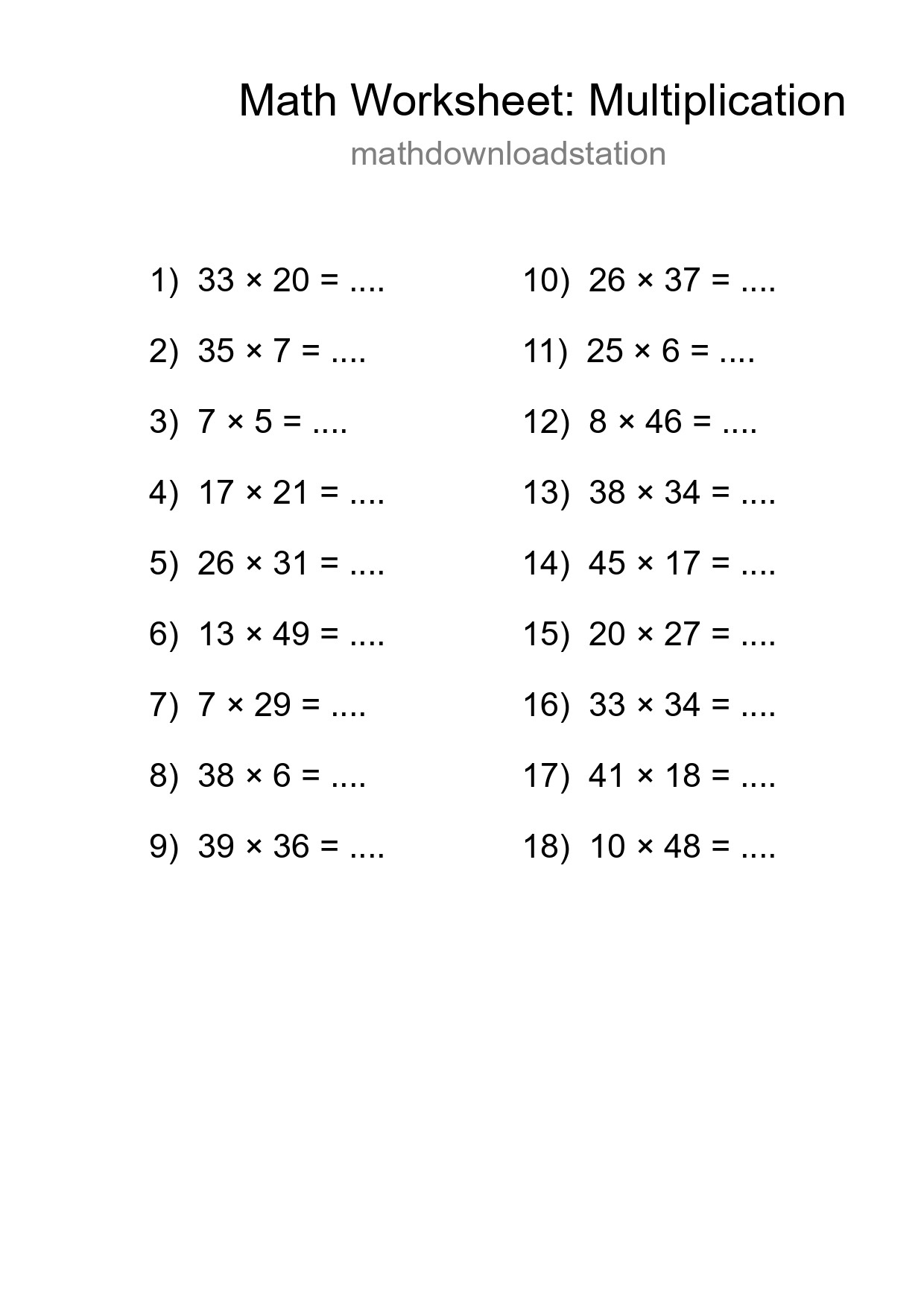Grade 2 Multiplication Practice Worksheet (18 Problems) - Part 271