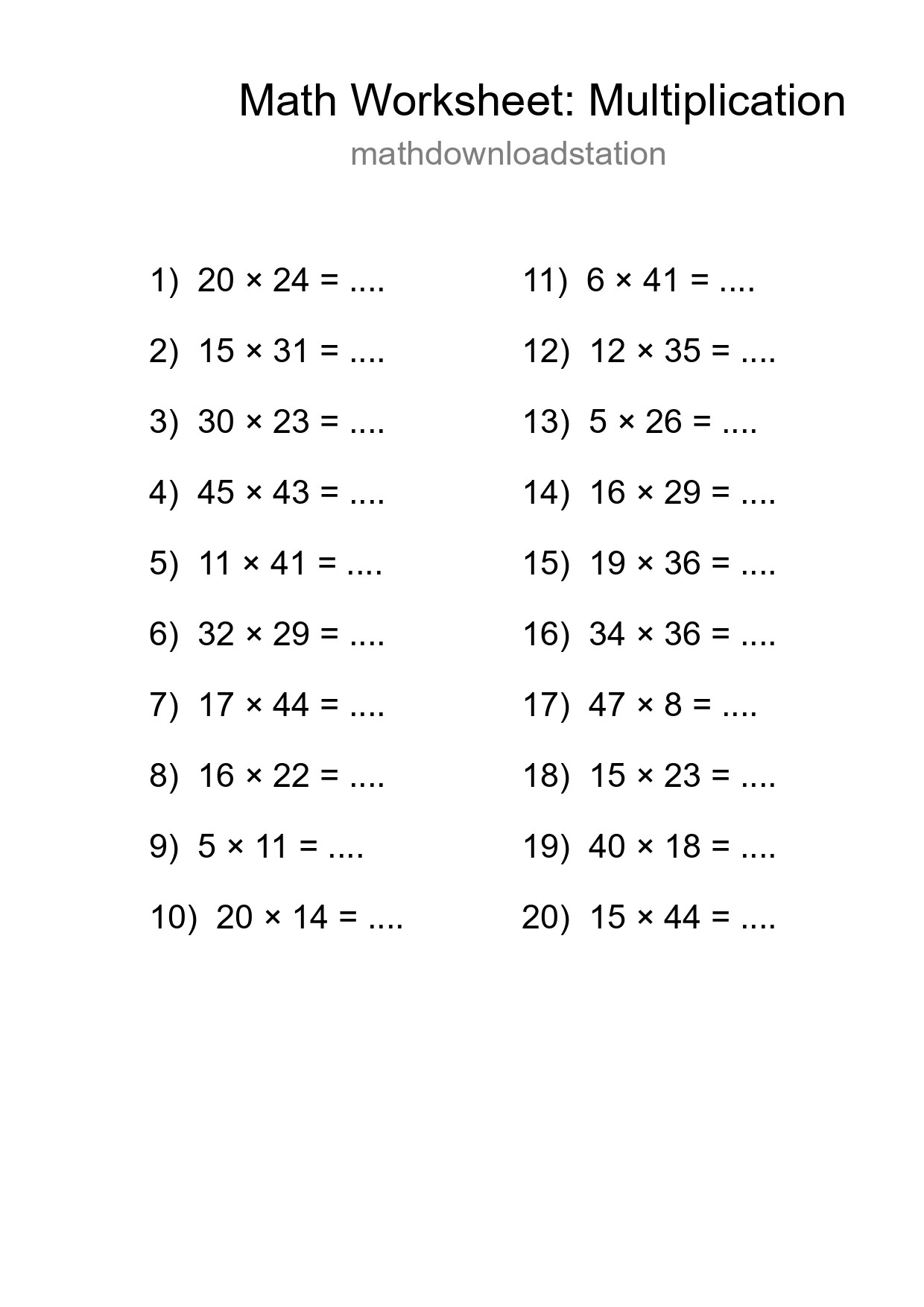 Grade 2 Multiplication Practice Worksheet (20 Problems) - Part 194