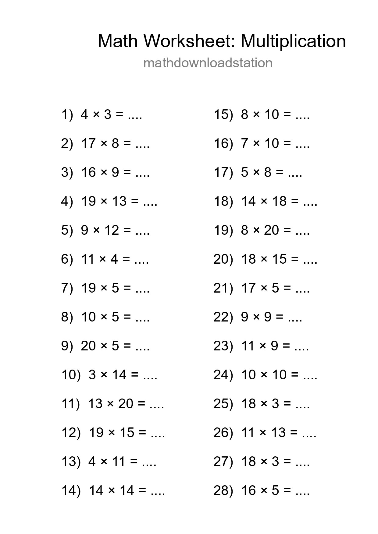 Grade 2 Multiplication Practice Worksheet (28 Problems) - Part 62