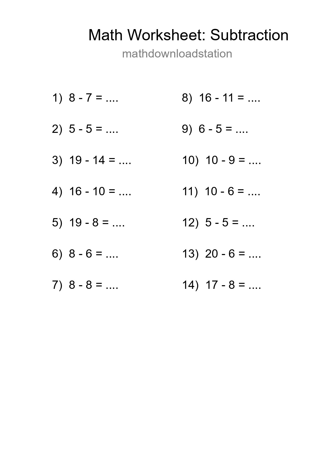 Grade 2 Subtraction Practice Worksheet (14 Problems) - Part 195