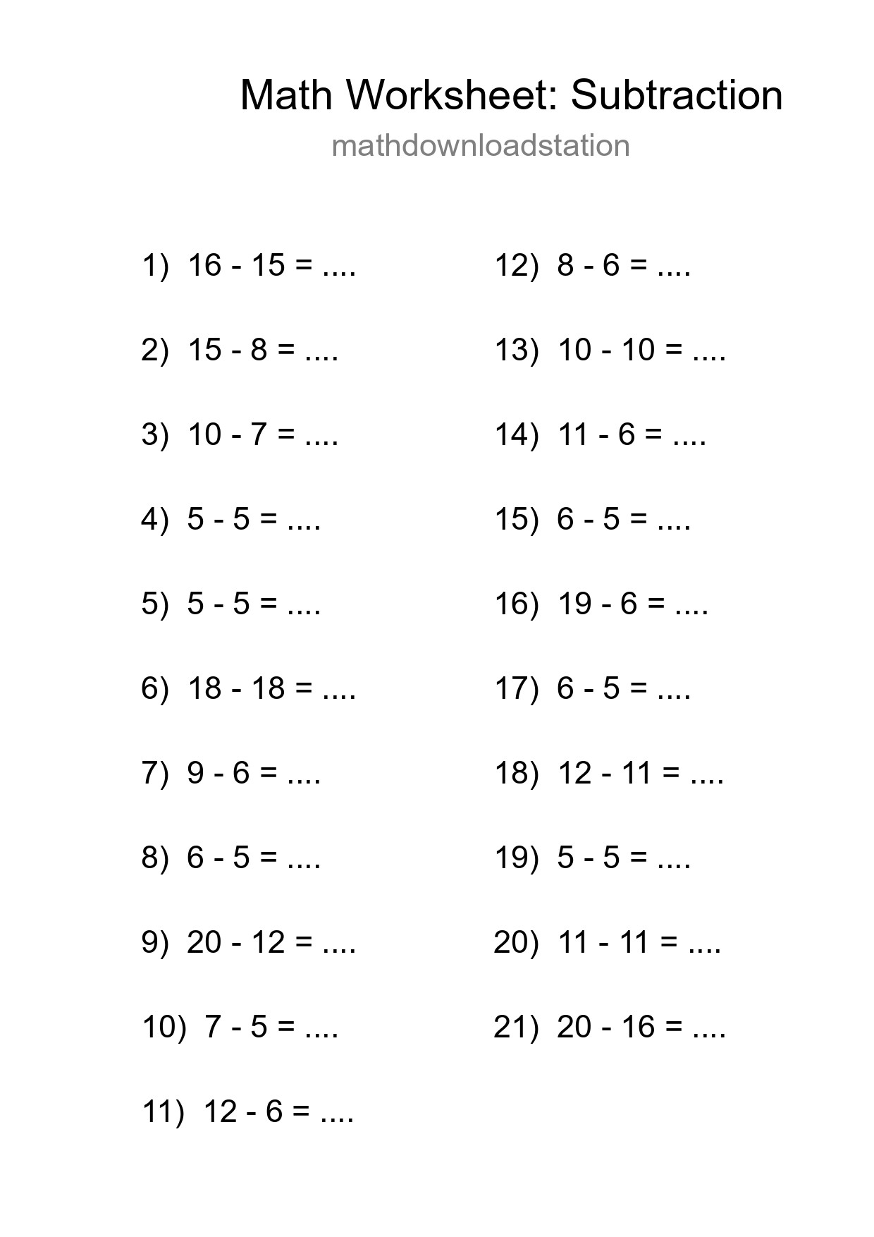Grade 2 Subtraction Practice Worksheet (21 Problems) - Part 294