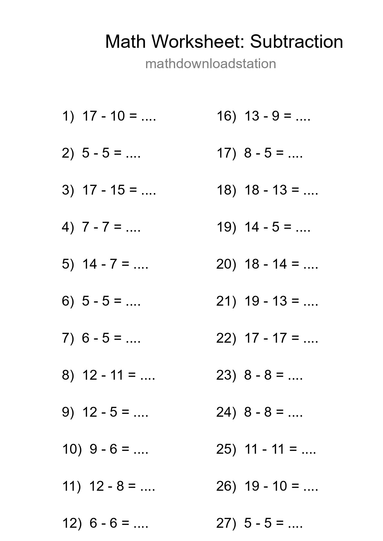 Grade 2 Subtraction Practice Worksheet (30 Problems) - Part 283