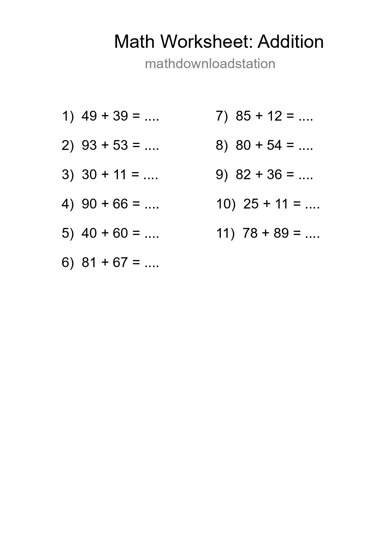 Grade 3 Addition Practice Worksheet (11 Problems) - Part 67