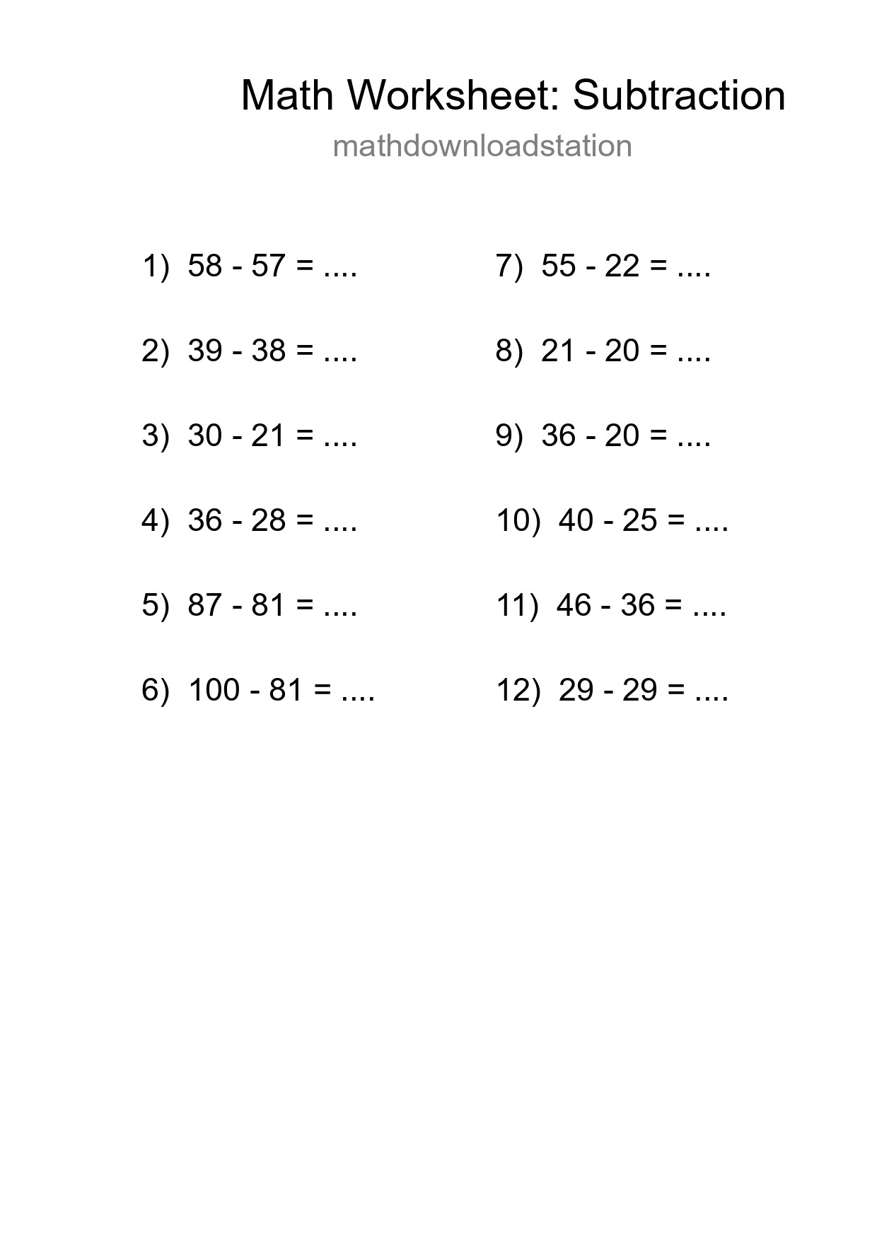 Grade 3 Subtraction Practice Worksheet (12 Problems) - Part 151