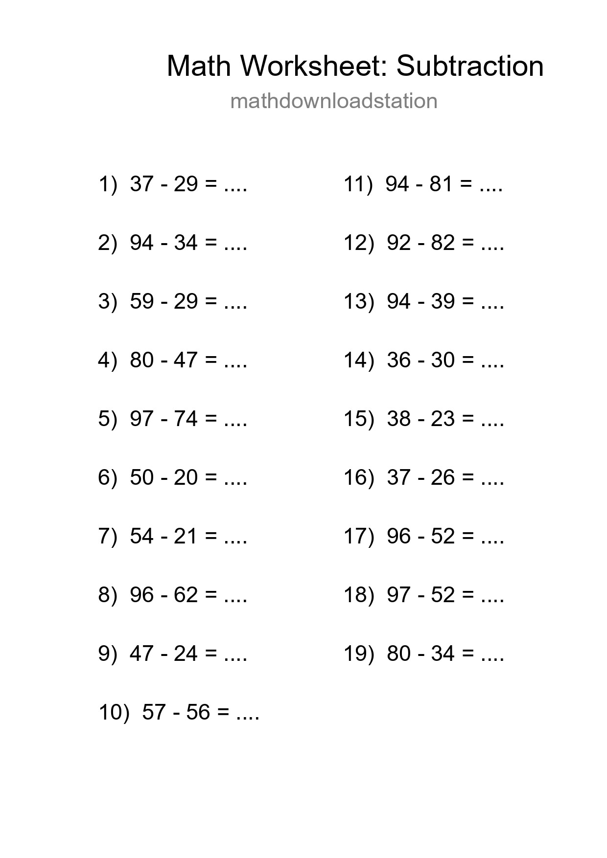 Grade 3 Subtraction Practice Worksheet (19 Problems) - Part 74
