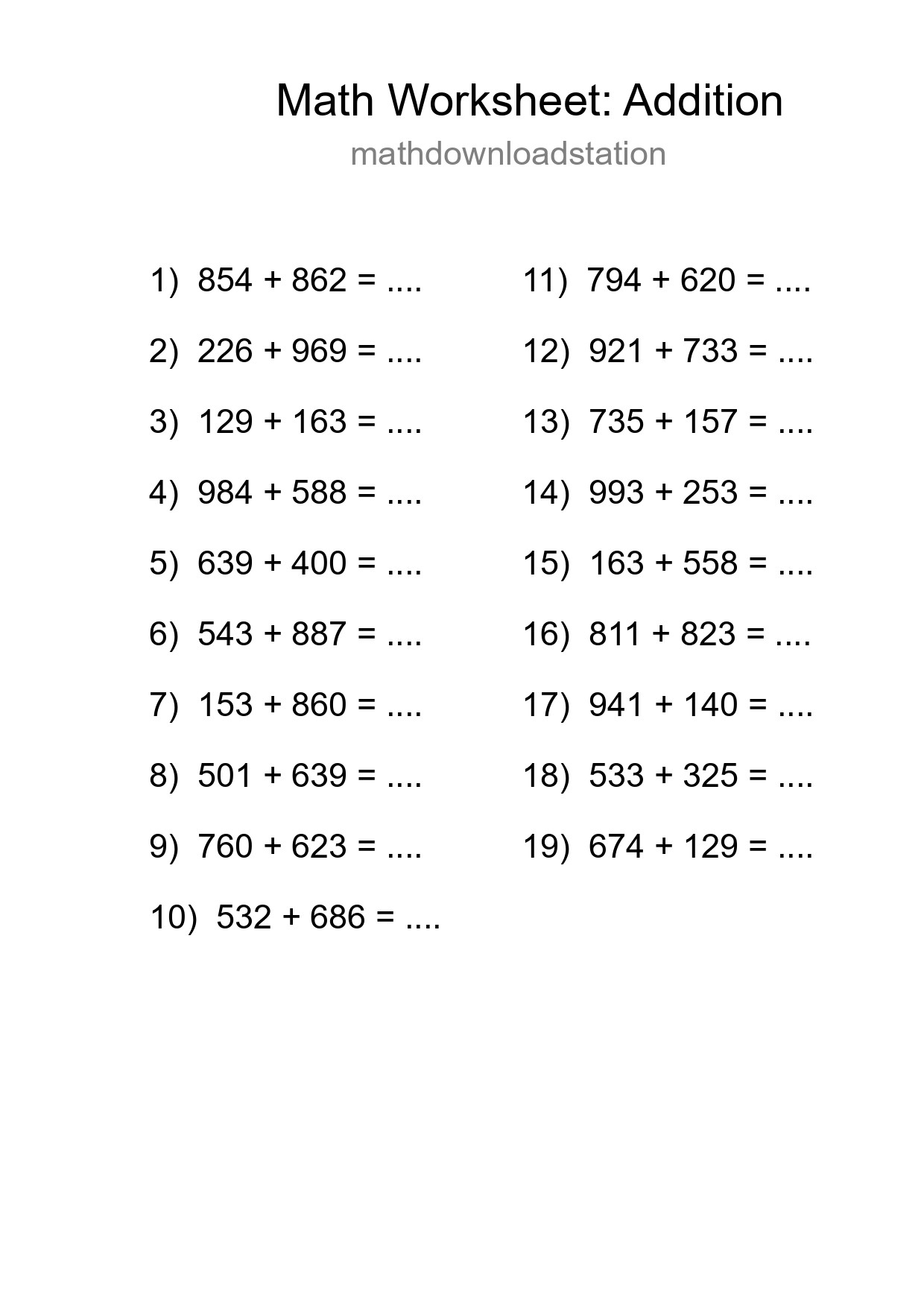 Grade 5 Addition Practice Worksheet (19 Problems) - Part 23