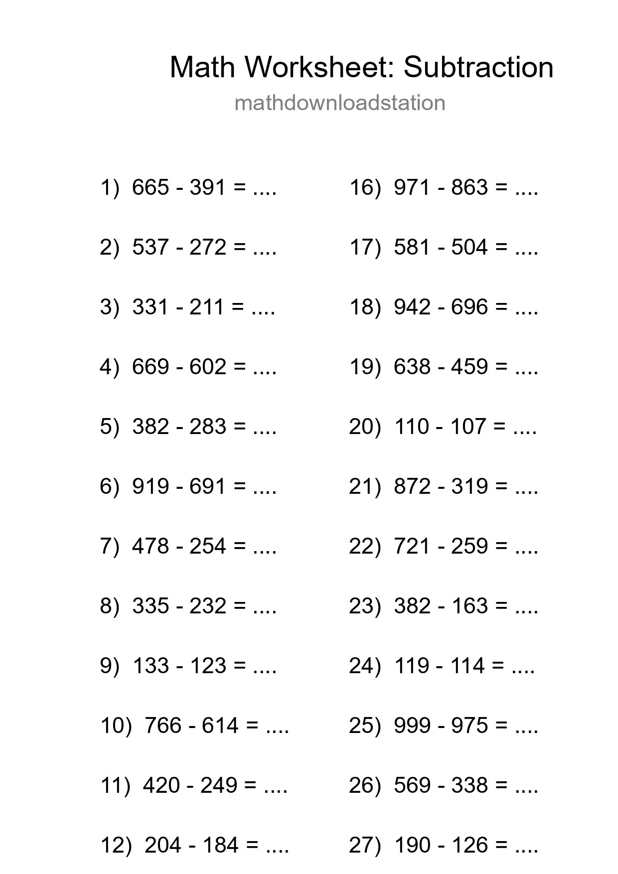 Grade 5 Subtraction Practice Worksheet (29 Problems) - Part 63