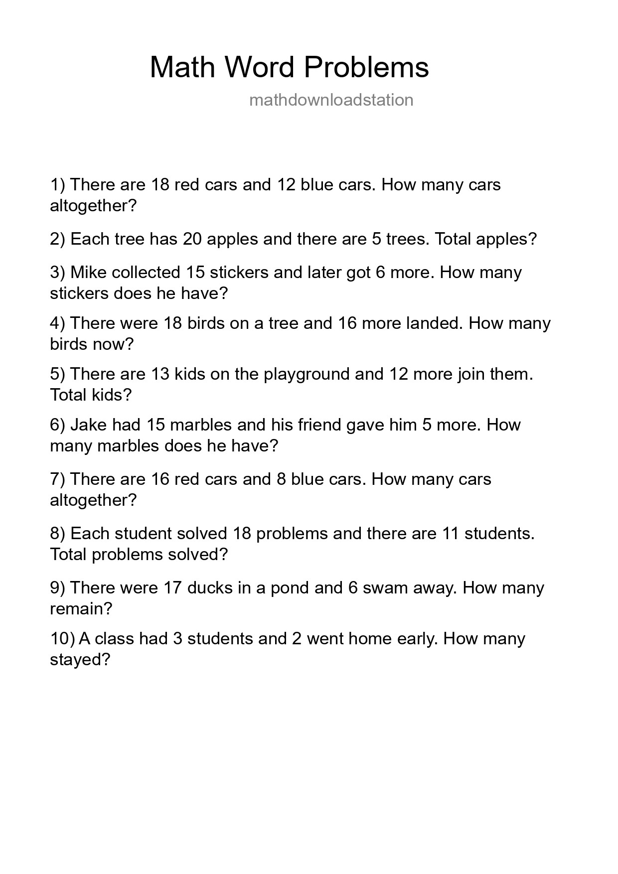 Math Word Problem Worksheet