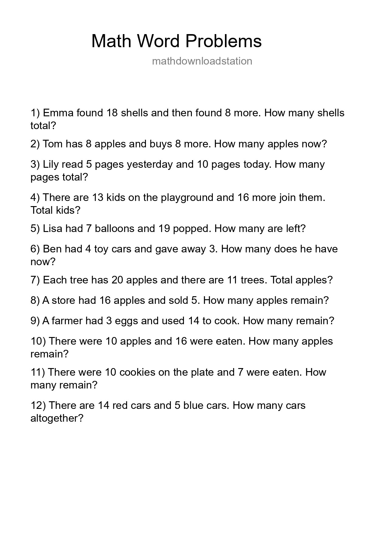 Math Word Problem Worksheet