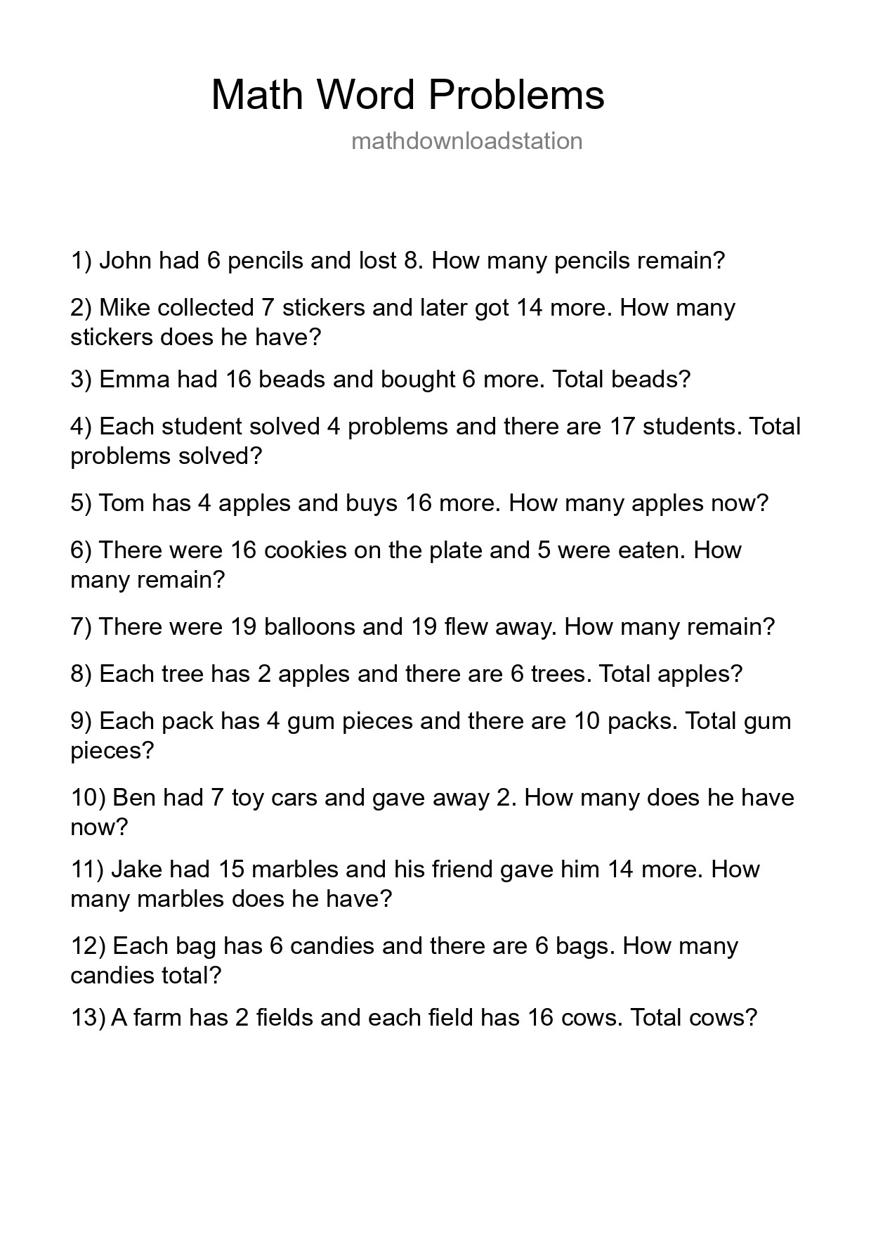 Math Word Problem Worksheet