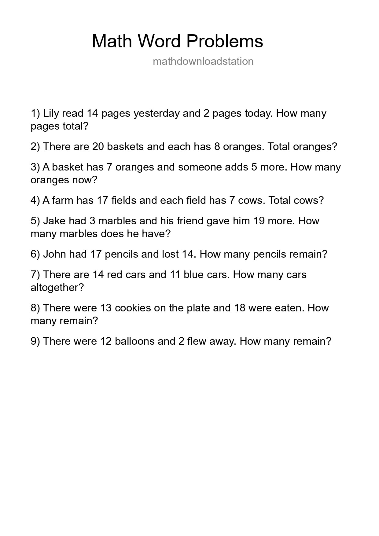 Math Word Problem Worksheet