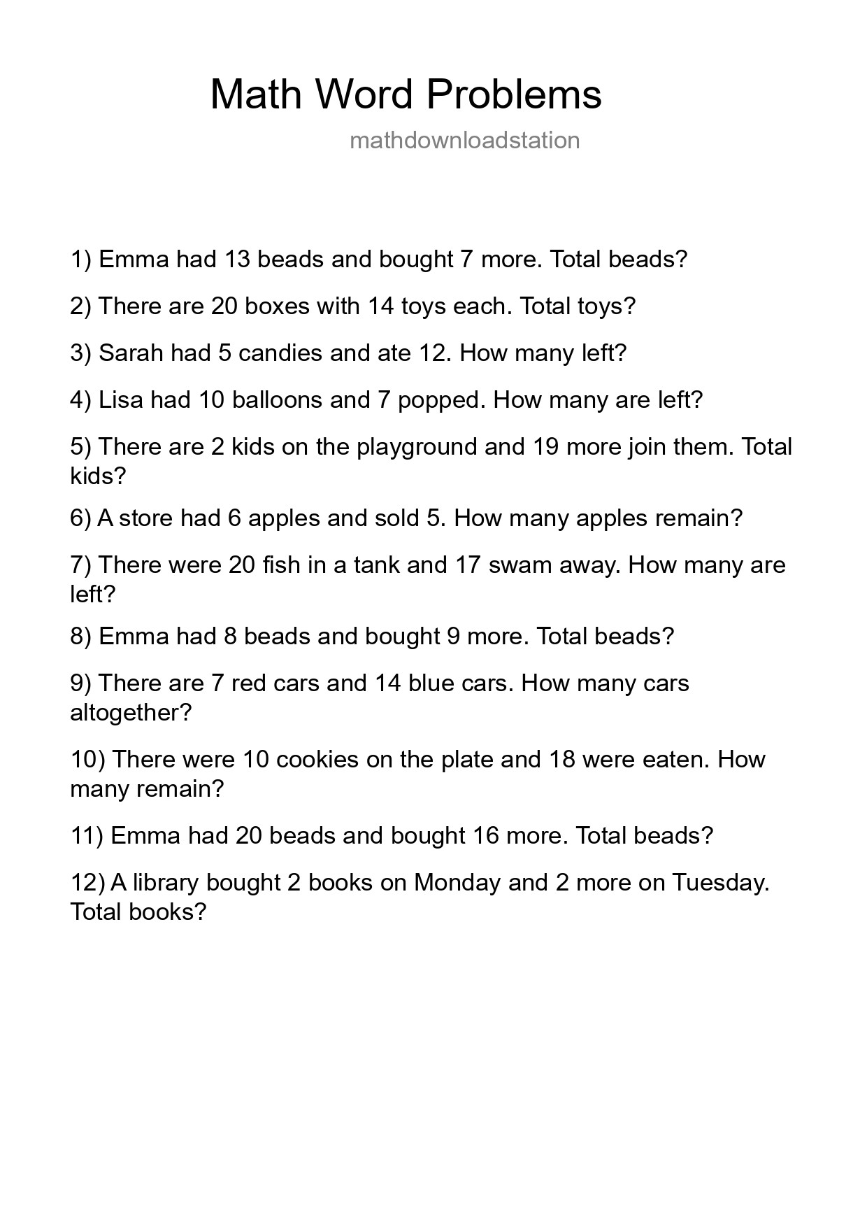 Math Word Problem Worksheet