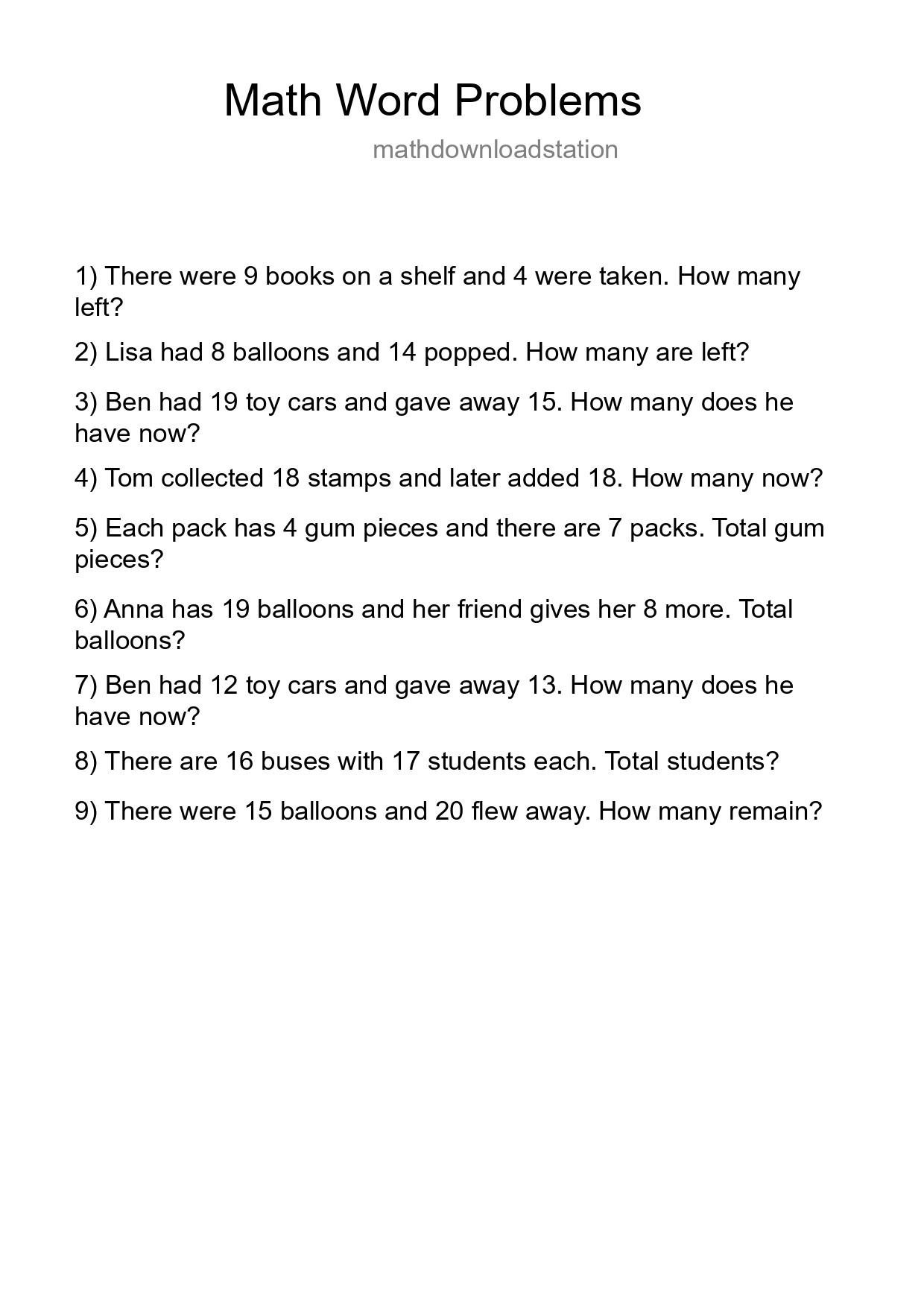 Math Word Problem Worksheet