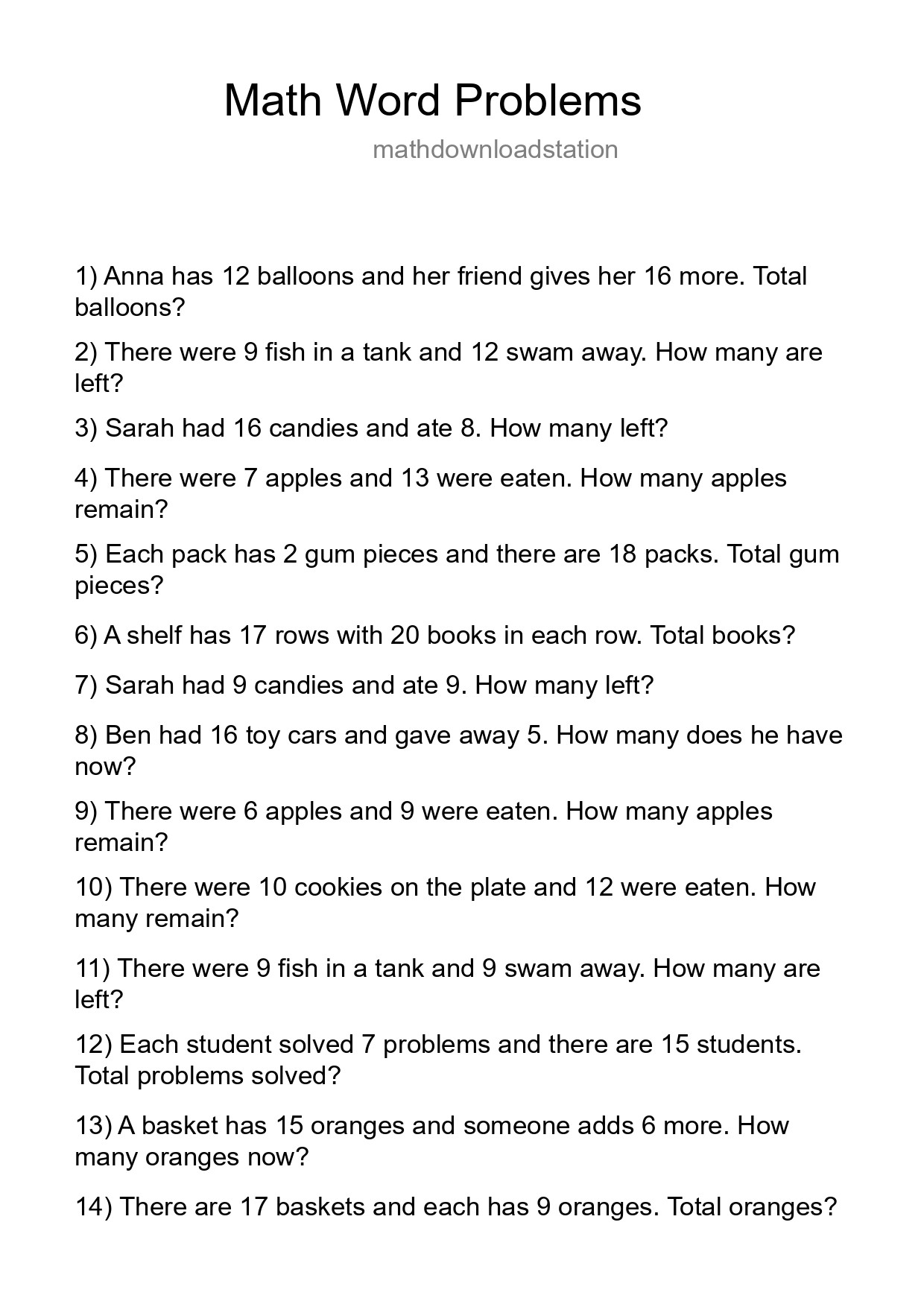 Math Word Problem Worksheet