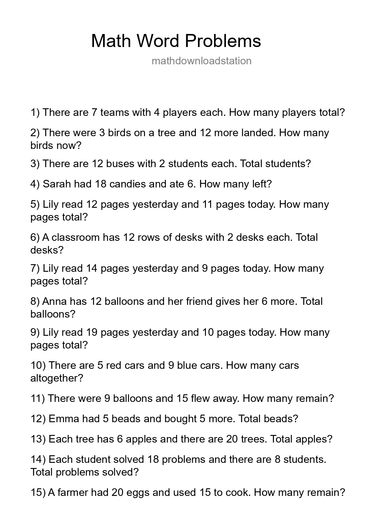 Math Word Problem Worksheet