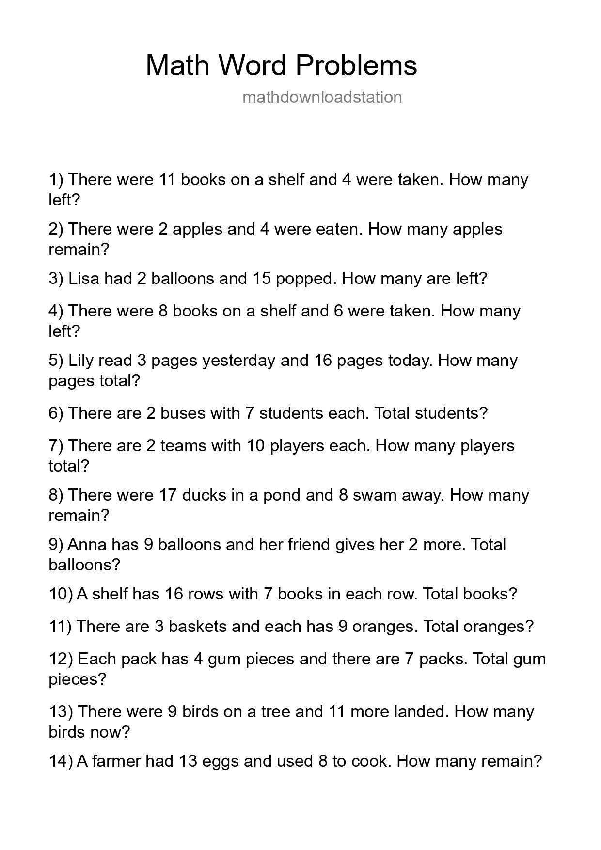 Math Word Problem Worksheet