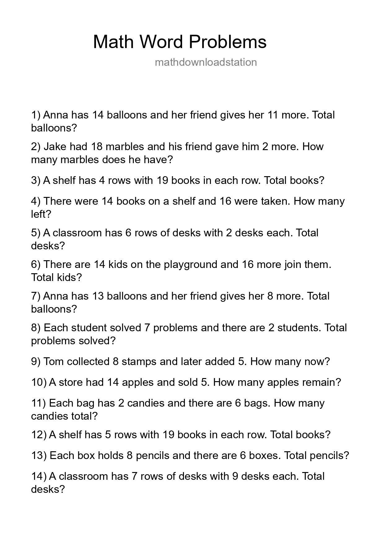 Math Word Problem Worksheet