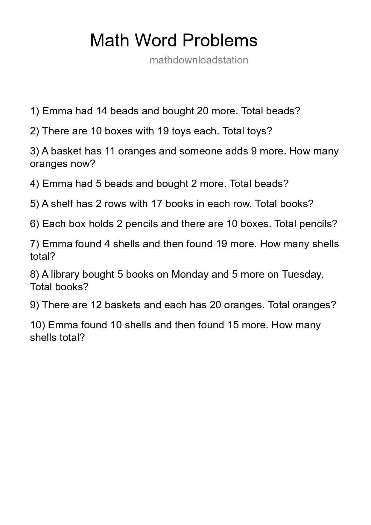 Math Word Problem Worksheet