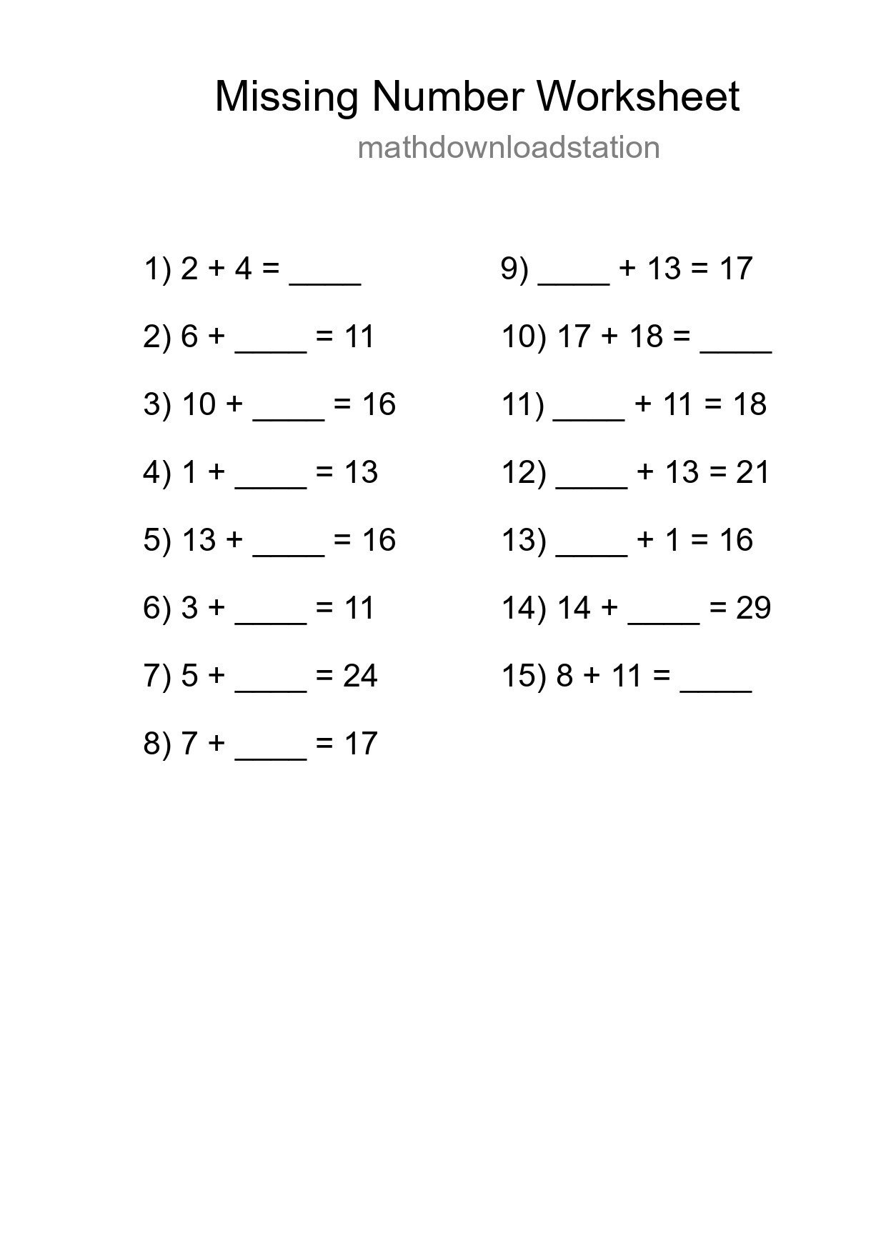 Missing Number Math Worksheet
